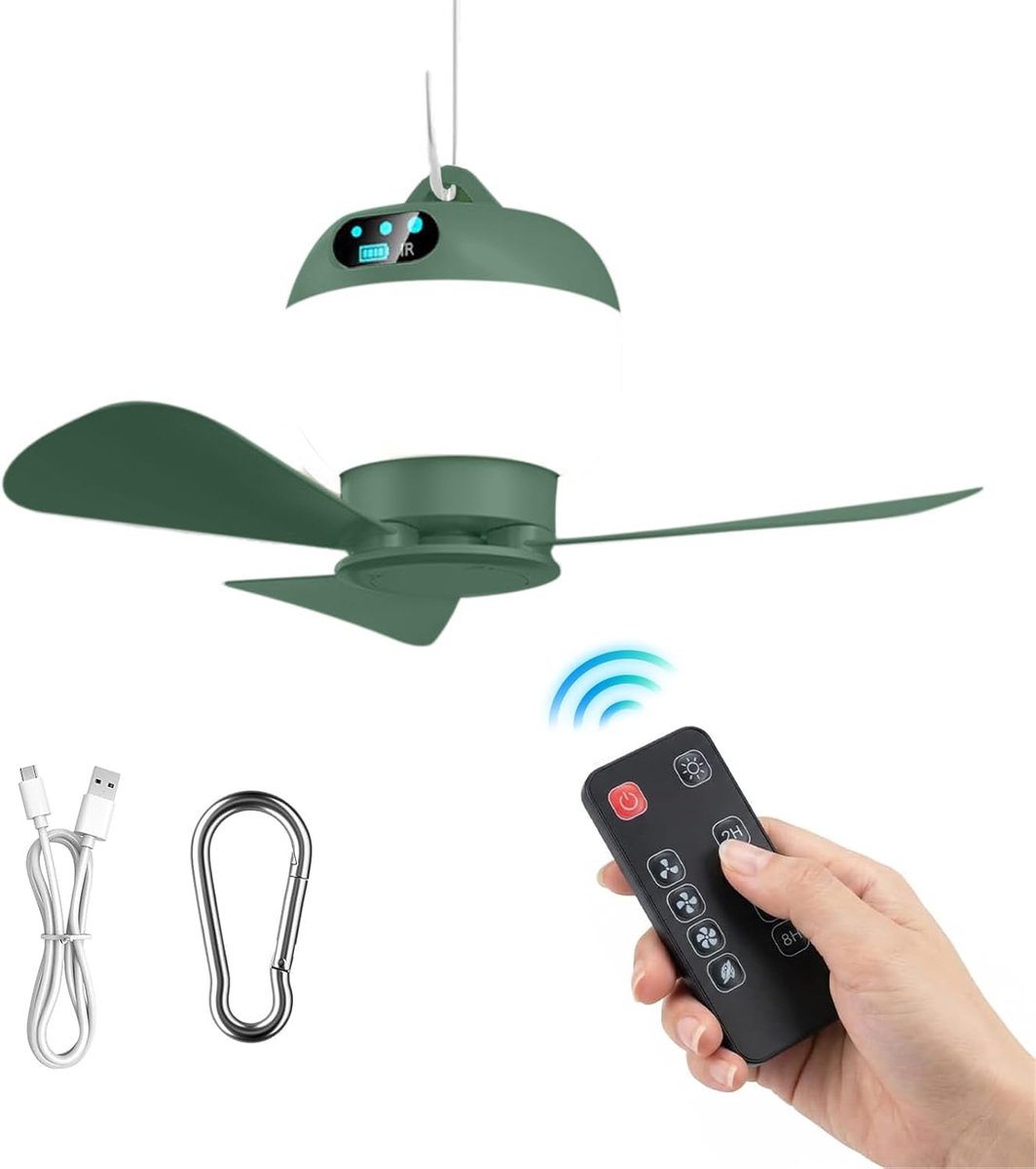 Campingventilator Plafond met RGB LED - 8000mAh - Haak - Afstandsbediening - Voor Tent en Camper