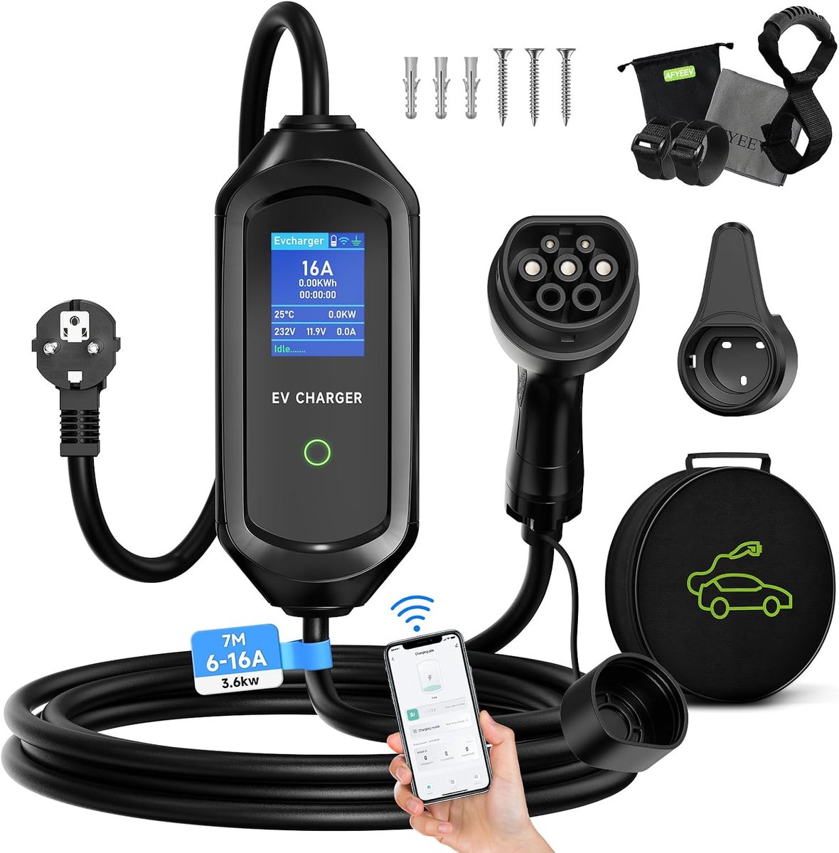 SnelShoppen - Type 2 Oplaadkabel 3.6kW 7M voor Elektrische Auto, Schuko, 6/8/10/13/16A Instelbare Stroom, Inclusief Opbergtas, IEC 62196-2