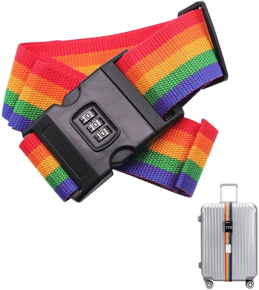 Kofferriem - Bagageriem met slot - Koffer band - Spanband - Bagageband - Verstelbare kofferriem - Luggage strap - Suitcase belt - Cijferslot - Reisaccessoire - 200 cm - Regenboog - Nylon - Jonyx