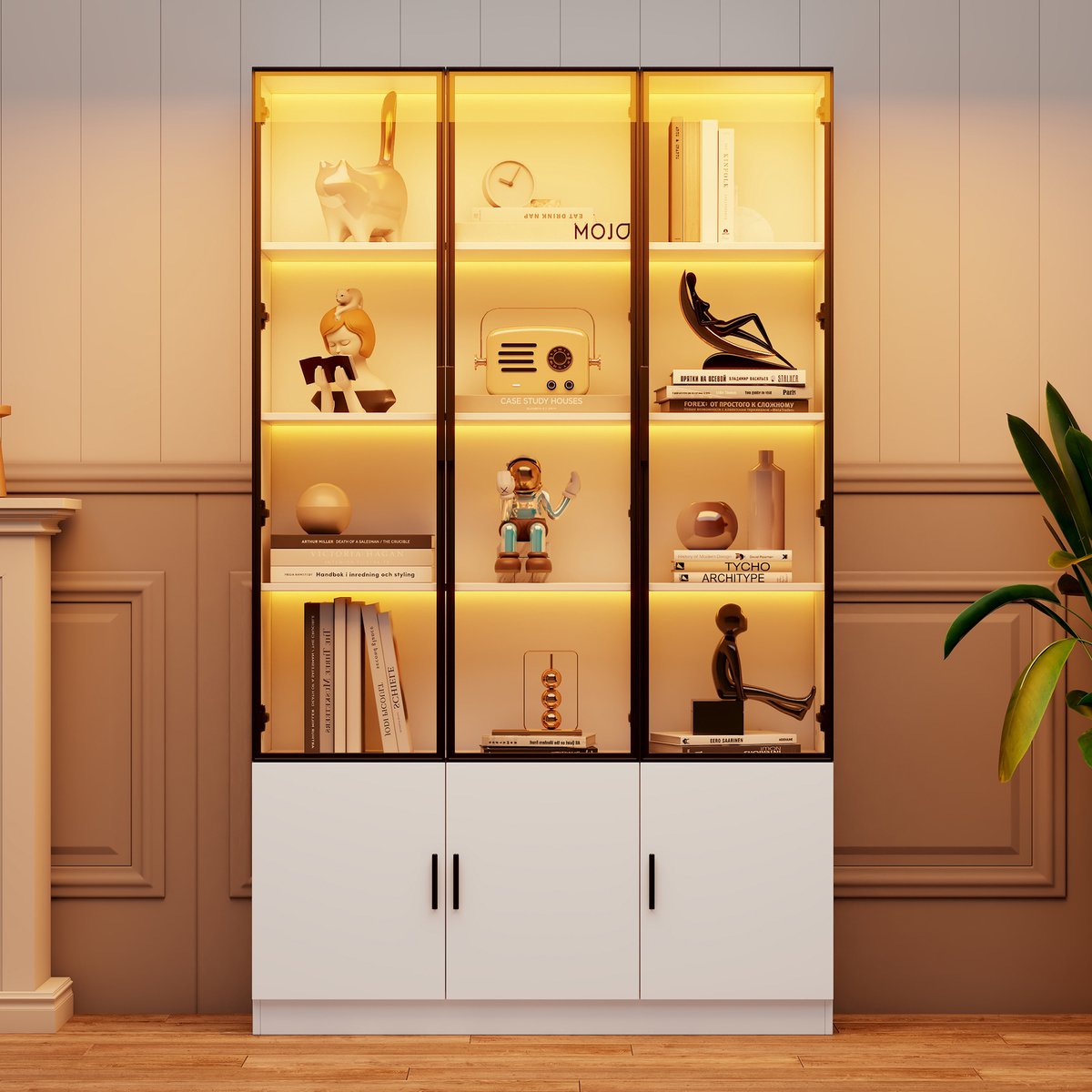Wishdor - Vitrinekast - 6 deuren - LED verlichting en glazen deuren - modern - woonkamer of slaapkamer - houtlook en glas - wit - 120 x 32 x 200 cm