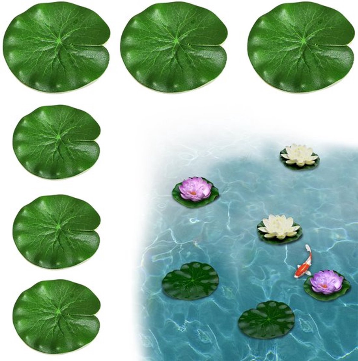 Set van 6 Leliebladeren, Realistische Kunststof Lotusbladeren Drijvende Schuimbladeren voor Aquarium Vijver Pool Decoratie - Groen