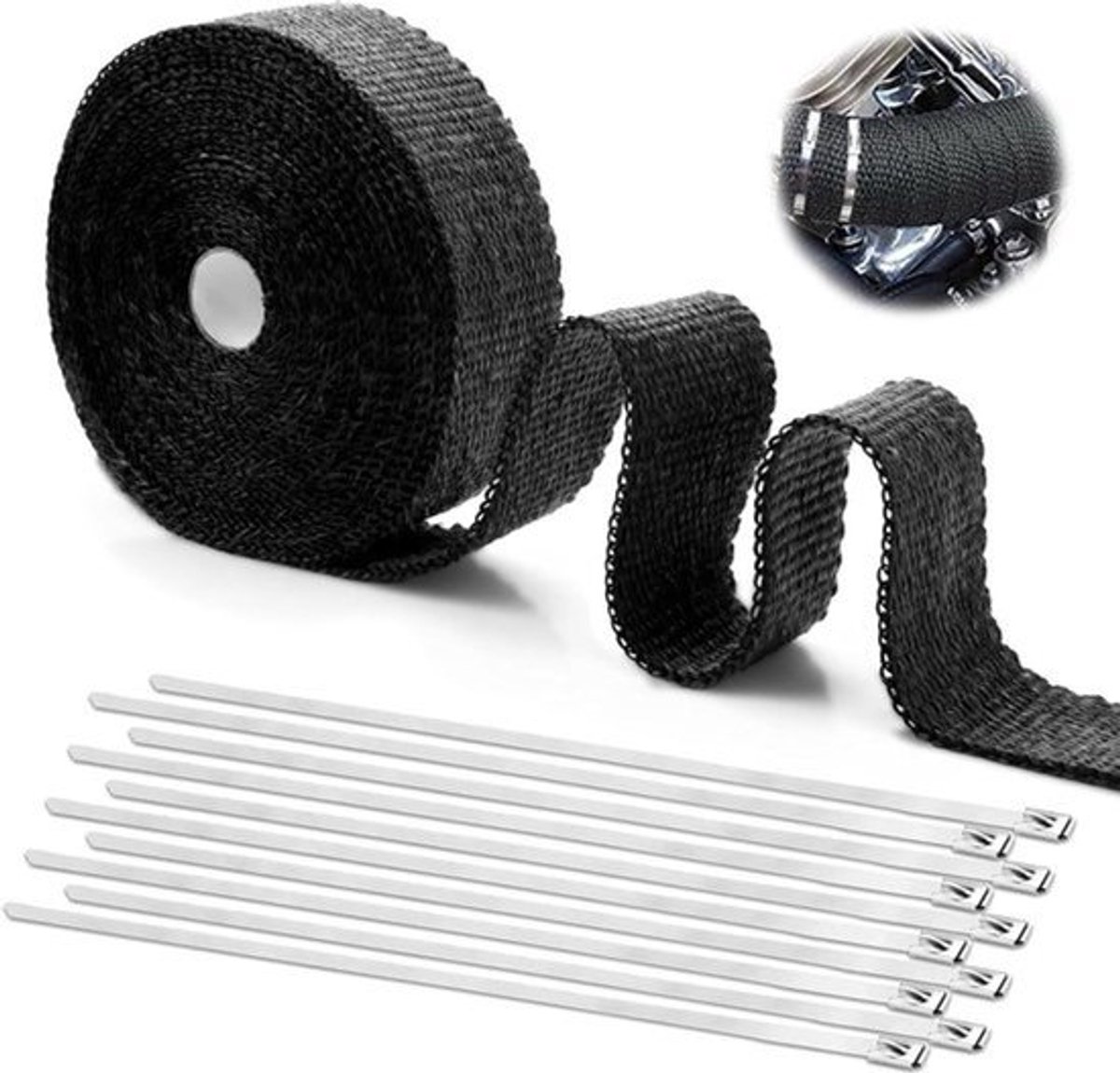 Hittebeschermingsband 5m - basaltvezel titanium - uitlaat - roestvrijstalen kabelbinders - waaierspruitstukken thermoband .