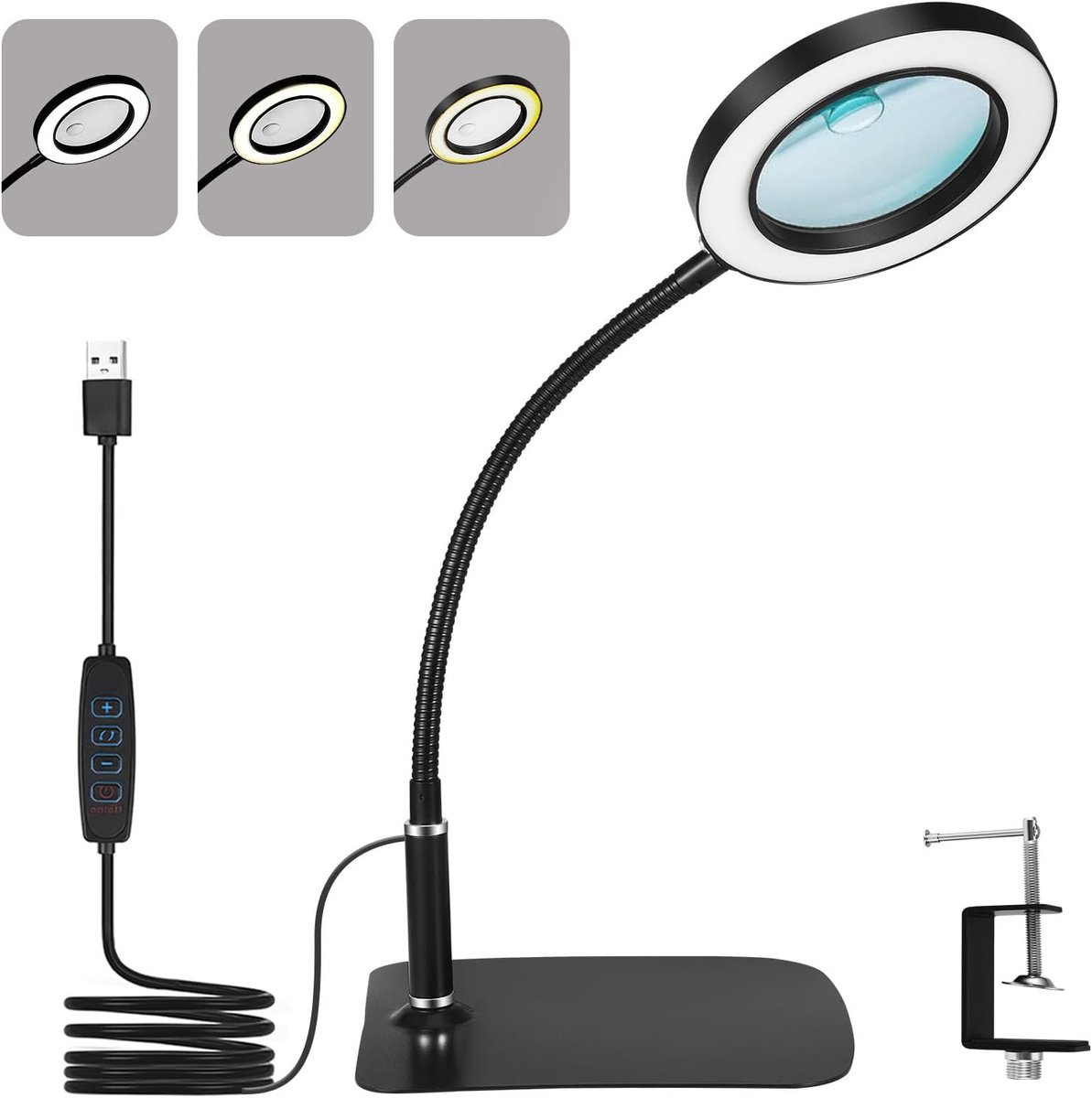 Thijox - Vergrootglas met Licht en Standaard, 10X 20X Vergrootlamp met Klem, 72 LED's, 3 Kleurmodi, 10 Helderheidsniveaus, Tafelvergrootglas voor Prec