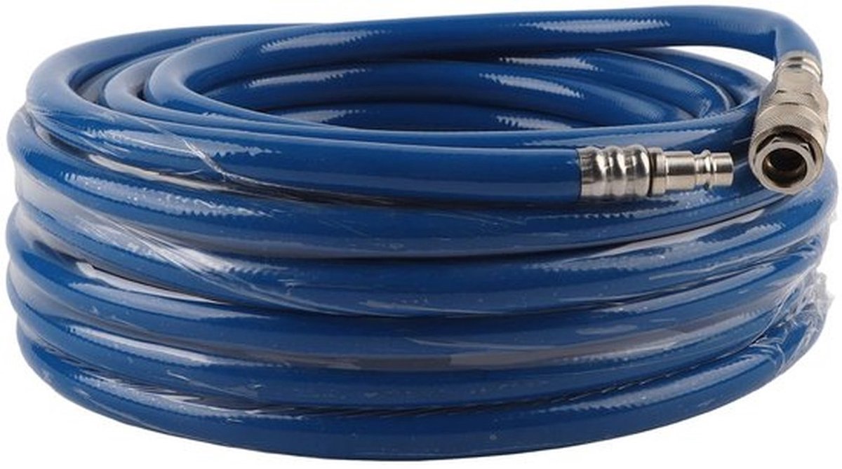 15M Blauwe flexibele pneumatische PVC-slang, zeer duurzame 3-laags structuur, voor pneumatisch gereedschap, luchtcompressoren, met snelkoppeling