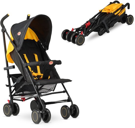 Grijze en gele buggy staand, met ernaast een opgevouwen versie op witte achtergrond.