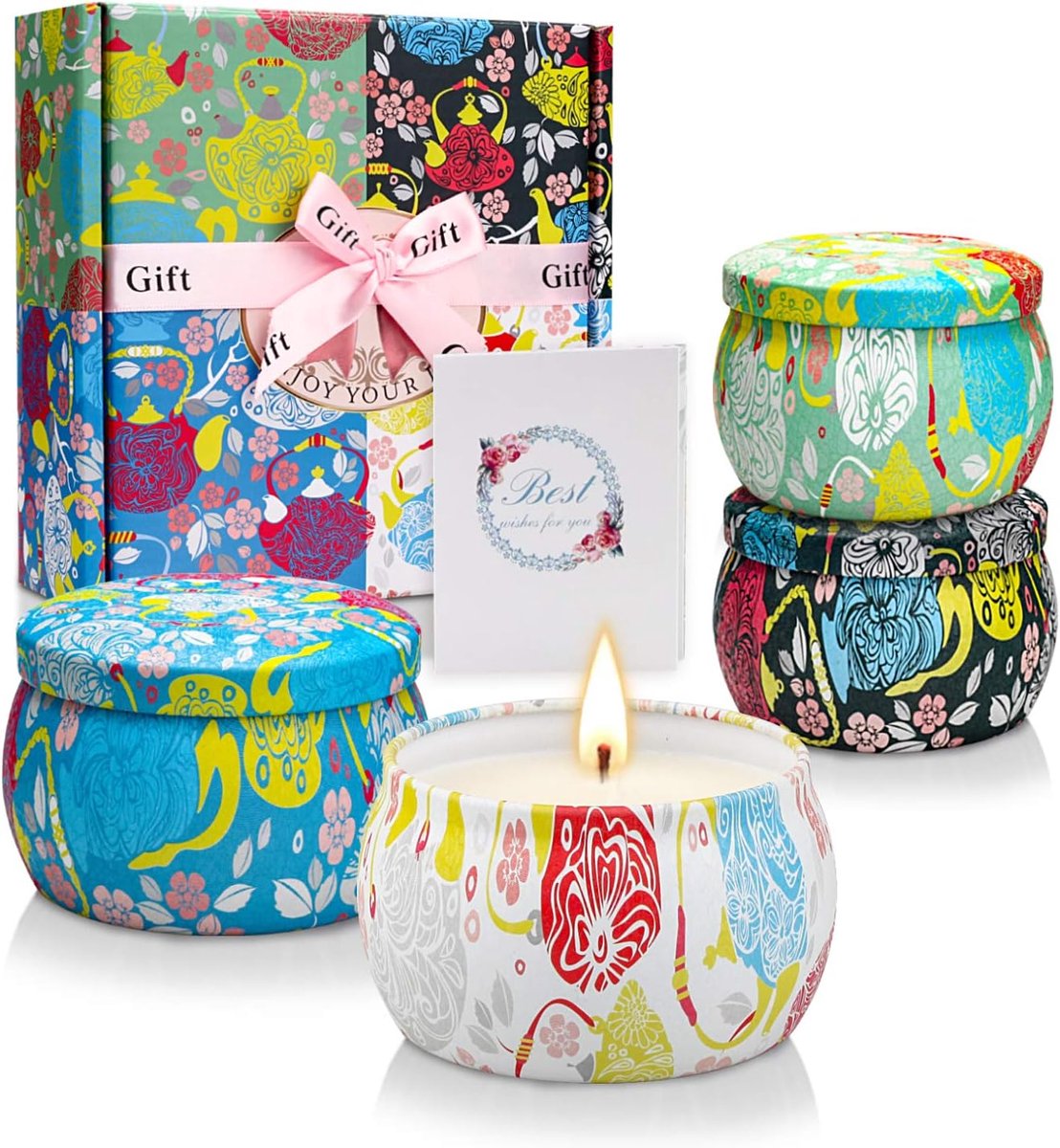 Thijox - Geurkaarsen Cadeauset 4 Stuks - Ontspannende Geuren Gardenia, Jasmijn, Franse Vanille, Lavendel - Sojawas - 20-25 Uur Brandduur - Ideaal Cade