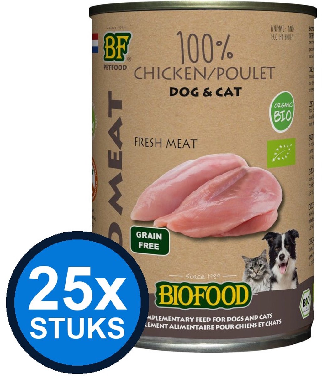 BF Petfood Biofood - Organic hond&kat 100% kippenvlees blik 400gr - Hondenvoer Natvoer - 400 g