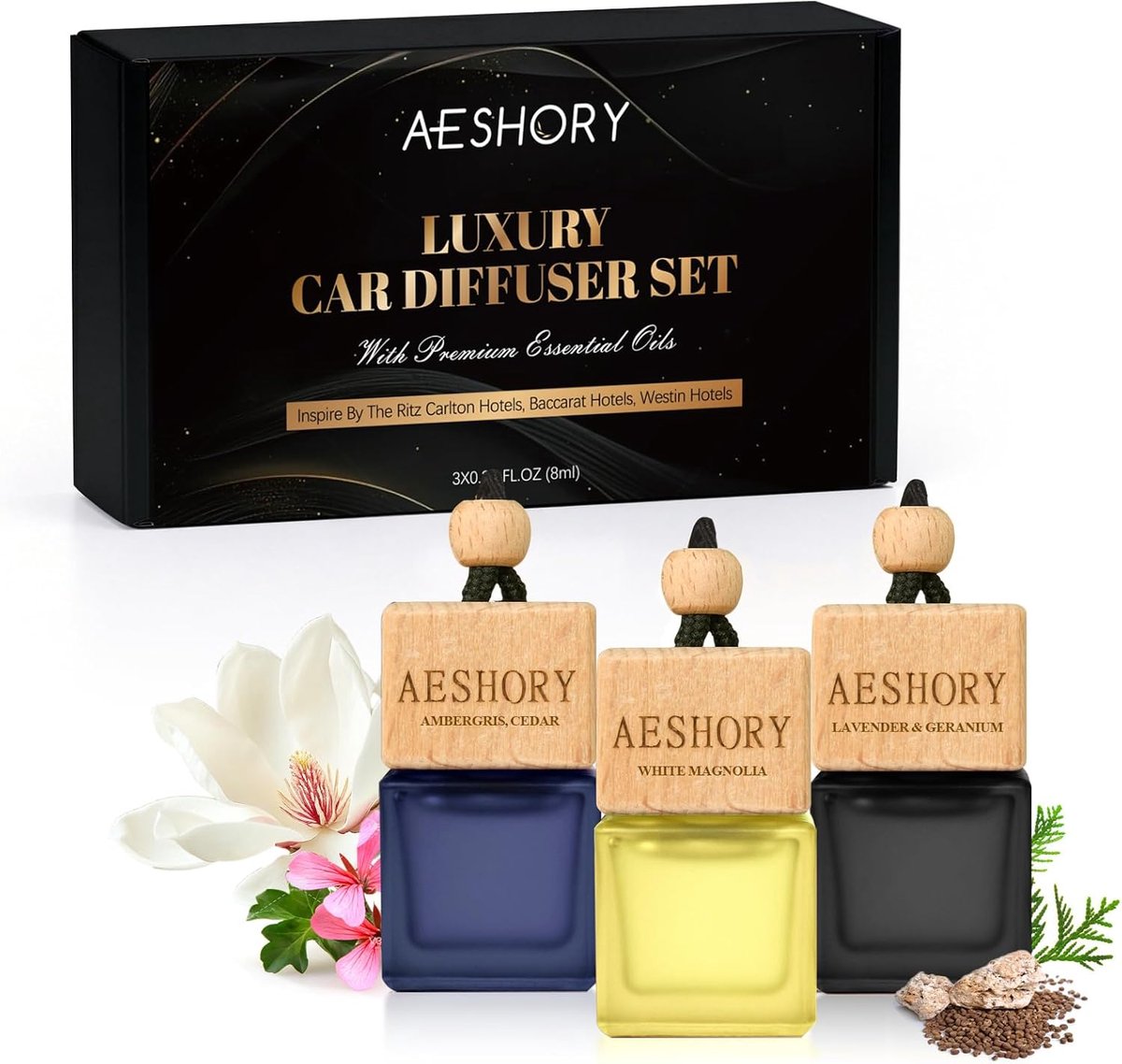 SnelShoppen - Luxe Auto Luchtverfrisser Set van 3 x 8ML | Elegante Geuren van Natuurlijke Essentiële Olie | Geurverspreider voor Auto en Thuis | Verwi