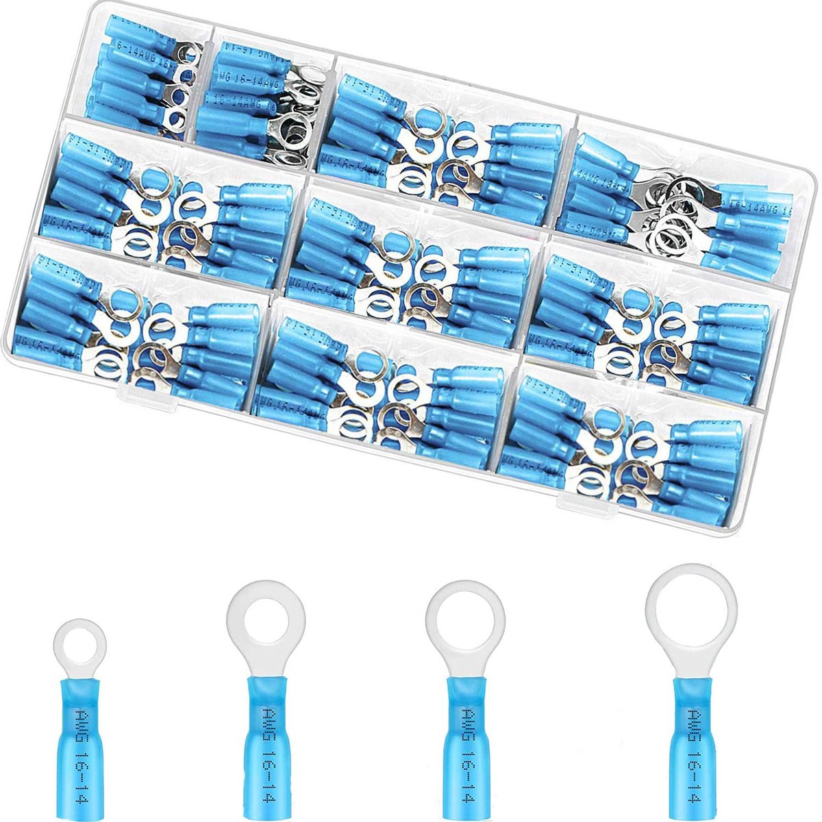 Thijox - 120 Stuks Krimpverbinders 12V Kabelverbinders Auto Elektrische Connectoren Blauwe Krimpconnectoren Ringklemmen 16-14 AWG Met 4 Maten #10, 1/4