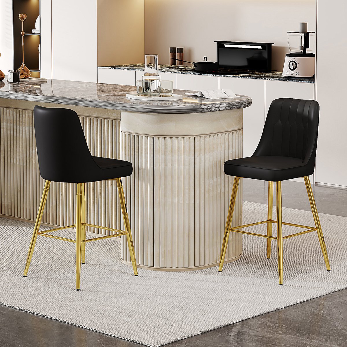 MODENUIT Barkruk 100 cm - Set Van 2 Met Rugleuning - Huisbar En Keukeneiland - Kunstleer Zwart Goud