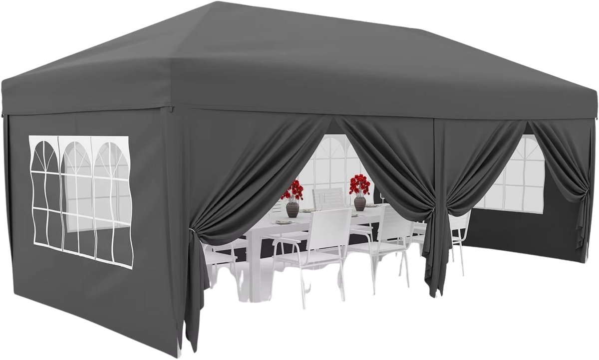 Pop-up Partytent 3x6m - Waterdicht 420D Oxford met verstelbaar Hoogte en 6 Zijwanden - Khaki