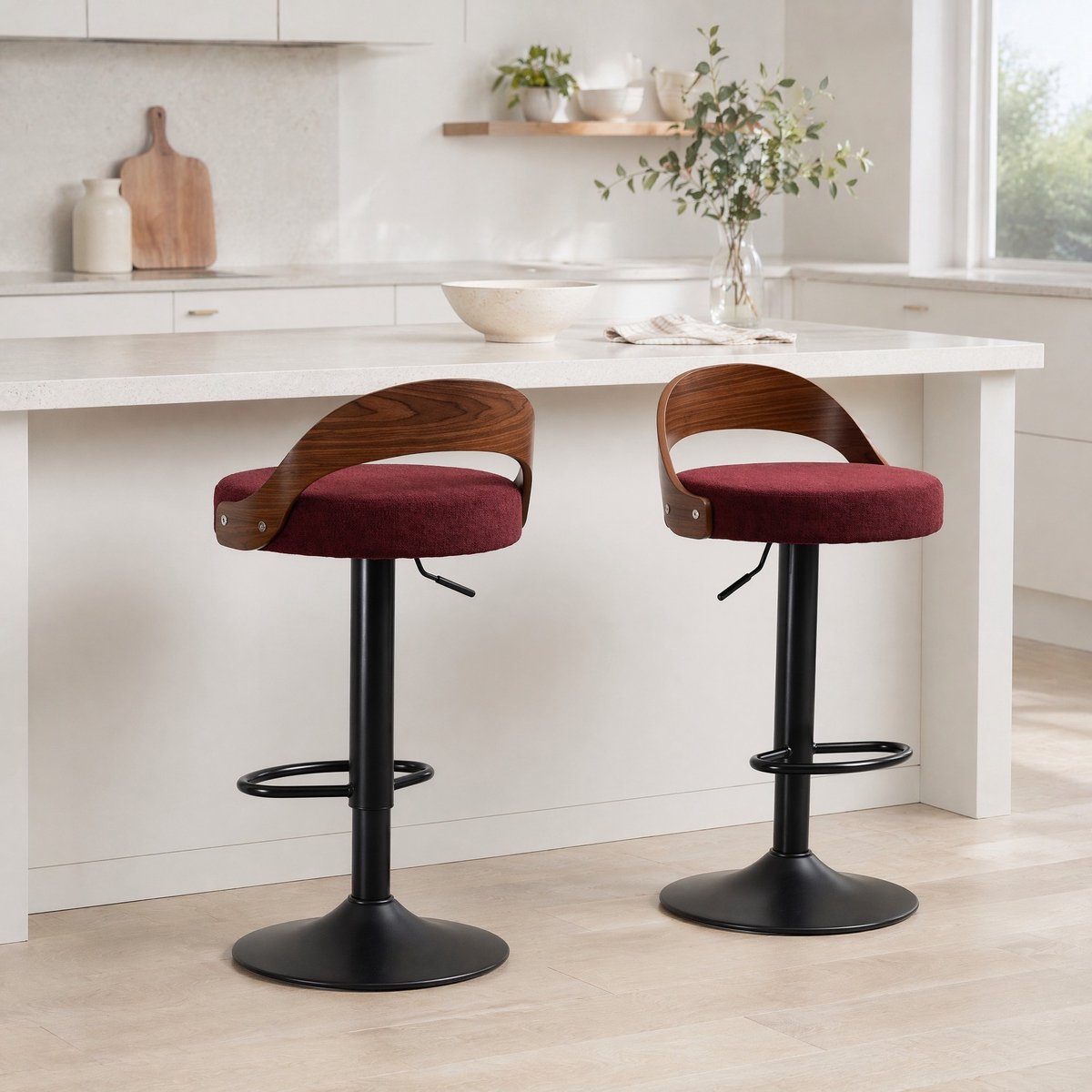 MODENUIT Barkruk 42,5 x 42 x 77-98 cm - 360° Draaibaar en Hoogteverstelbaar - Keuken en Bar - Linnen Wijnrood
