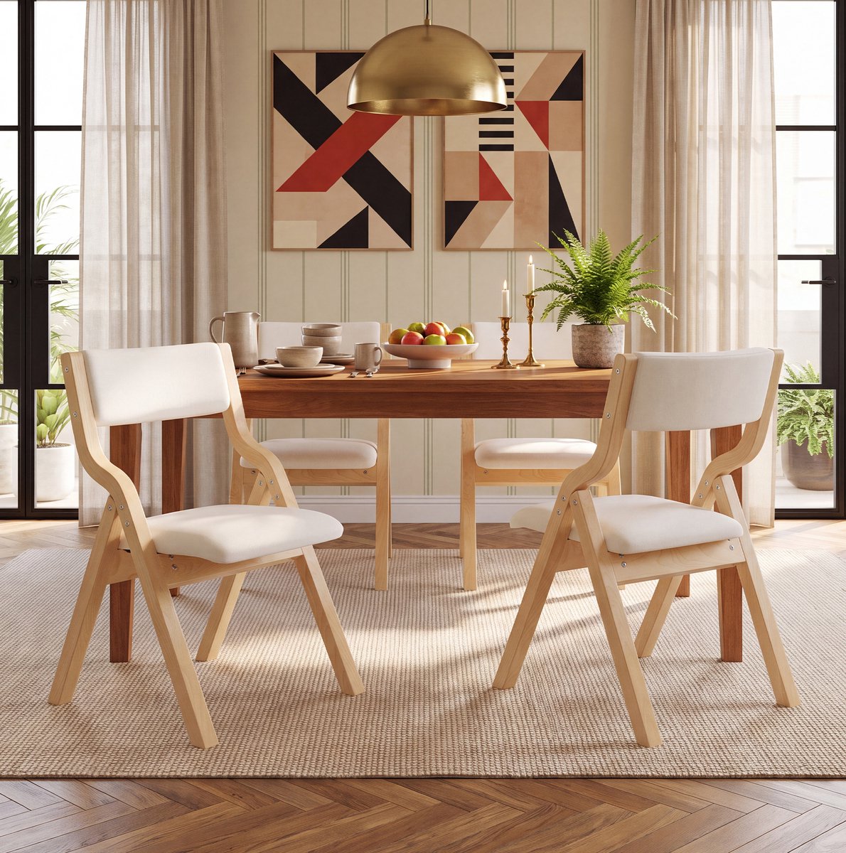 MEUNIQ Set van 2 opvouwbare eetkamerstoelen met armleuningen, houten frame en linnen bekleding, beige, inklapbare stoel voor eetkamer, woonkamer of café