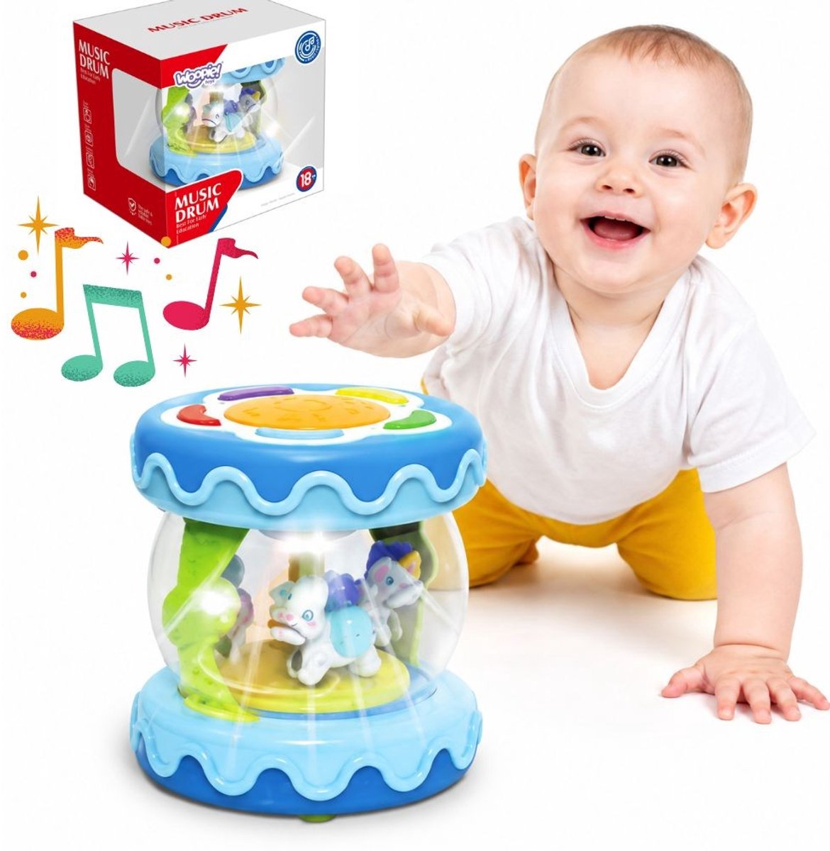 Woopie Baby Drum Muziekdoos Projector 3-in-1 muzikaal speelgoed voor baby's + Roller om te leren kruipen - UNI