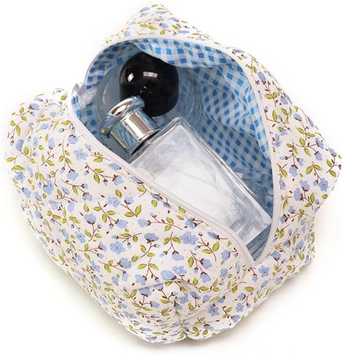 Thijox - Aucuu Coquette Make-up Tas - Kleine Toilettas met Gewatteerde Bloemenpatroon - Duurzame Katoenen Cosmeticatas voor Meisjes en Vrouwen - #2 Bl