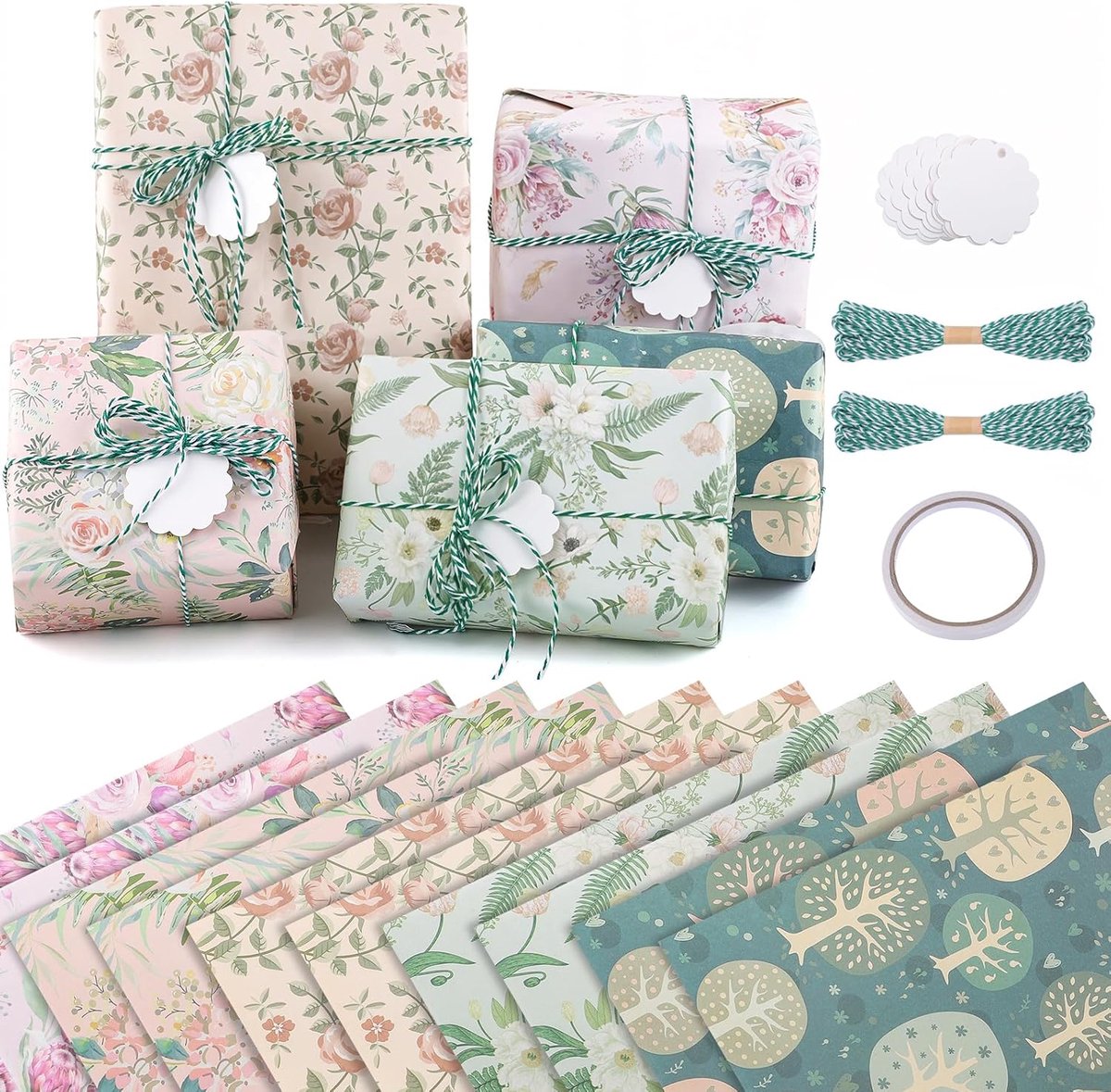 SnelShoppen - Cadeaupapier Set - 10 Vellen Cadeau Inpakpapier - Vintage Bloemen - Kraft Papier Hanger - Voor Huwelijk, Feest, Verjaardag, Mannen, Vrou