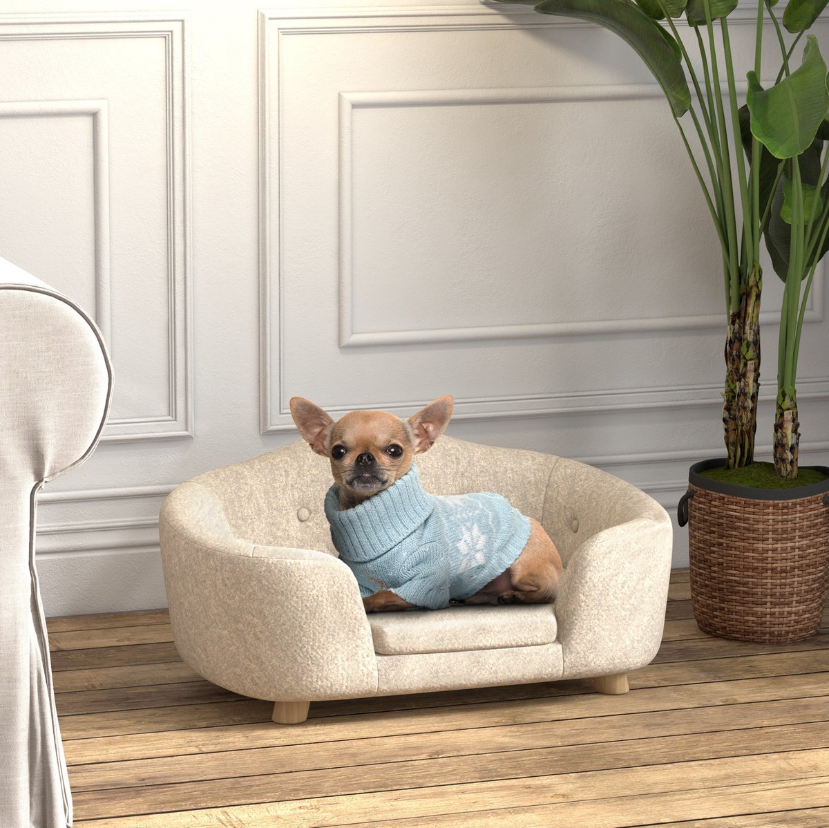 DESMIU Dierenmand – Hondensofa Voor Kleine Hond En Kat – 70 x 47 x 30 cm – Hout En Pluche – Crèmewit – Met Afneembare Hoes