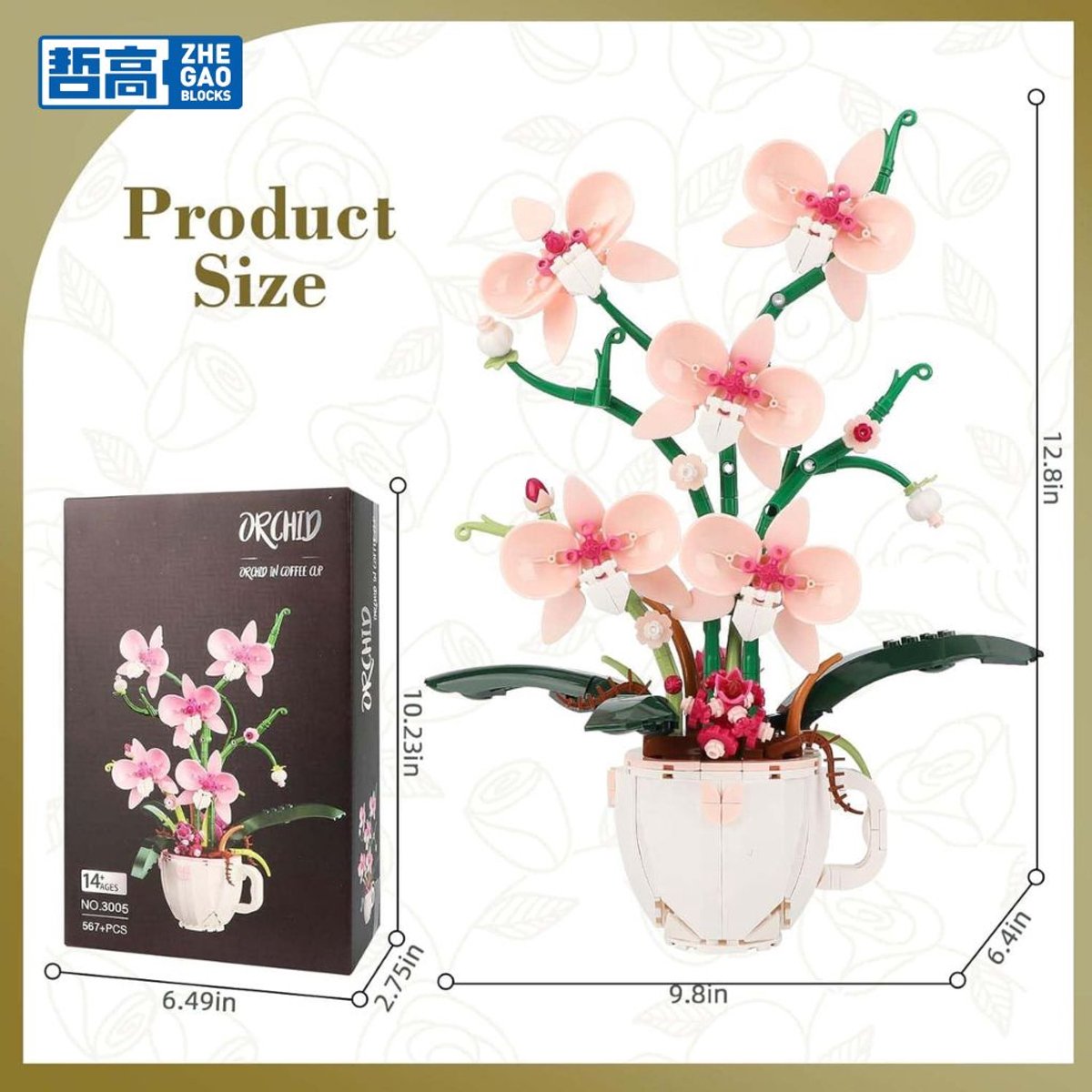 Zhe Gao 3005 Roze Orchideeën bloemen bouwset | Botanical Flowers Collection modelbouw | Classic Creator STEM speelgoed bouwpakket voor volwassenen en kinderen | Educatief kunstbloemen decoratie | Niet geschikt voor Lego | bouwdoos met 567 bouwstenen — afbeelding 8