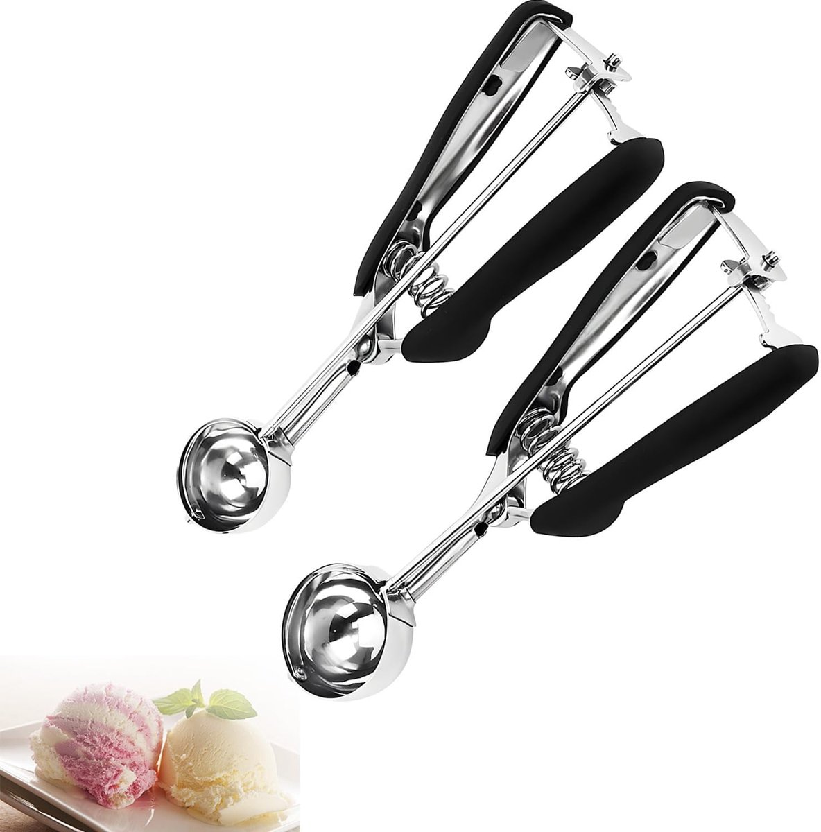 SnelShoppen - Pack van 2 RVS IJsbal Tangen 3 cm en 4 cm met Trigger en Comfortabele Antislip Grip voor IJsroomballen, Bakmelkballen, Meloenballen - Zw