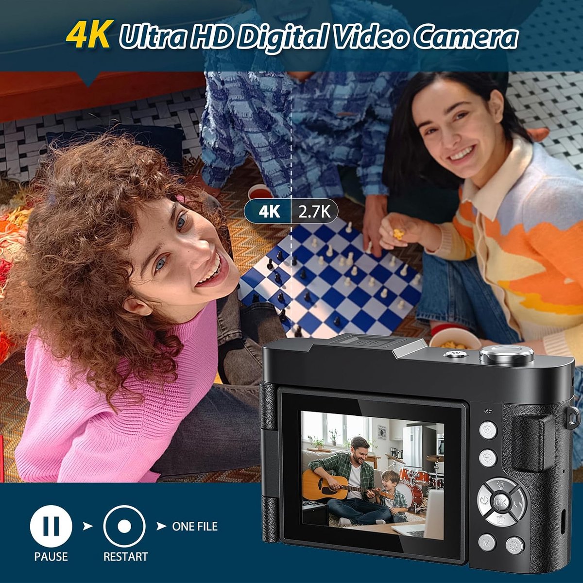 SnelShoppen - 4K Compact Digitale Camera 50MP met 16x Zoom Vlogging Camera incl. 32G Kaart voor Beginners, Tieners en Volwassenen thumbnail 4