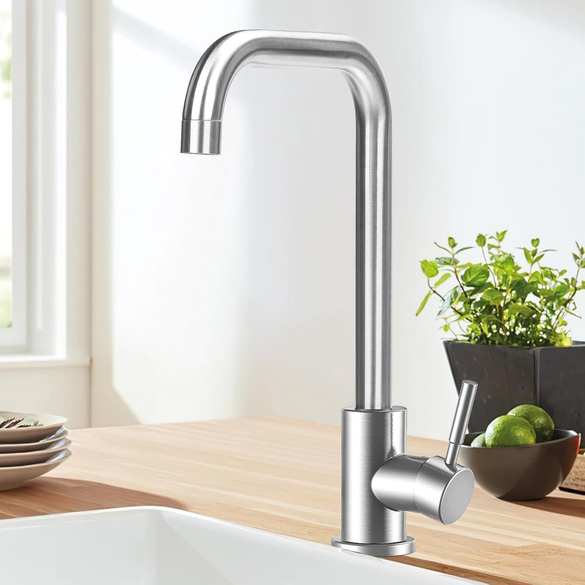 SnelShoppen - Keuken Kraan met Hogedruk Roestvrijstalen Armatuur, 360° Draaibare Uitloop, Eengreepsmengkraan voor Koud en Warm Water, Zilver, G3/8 Aan