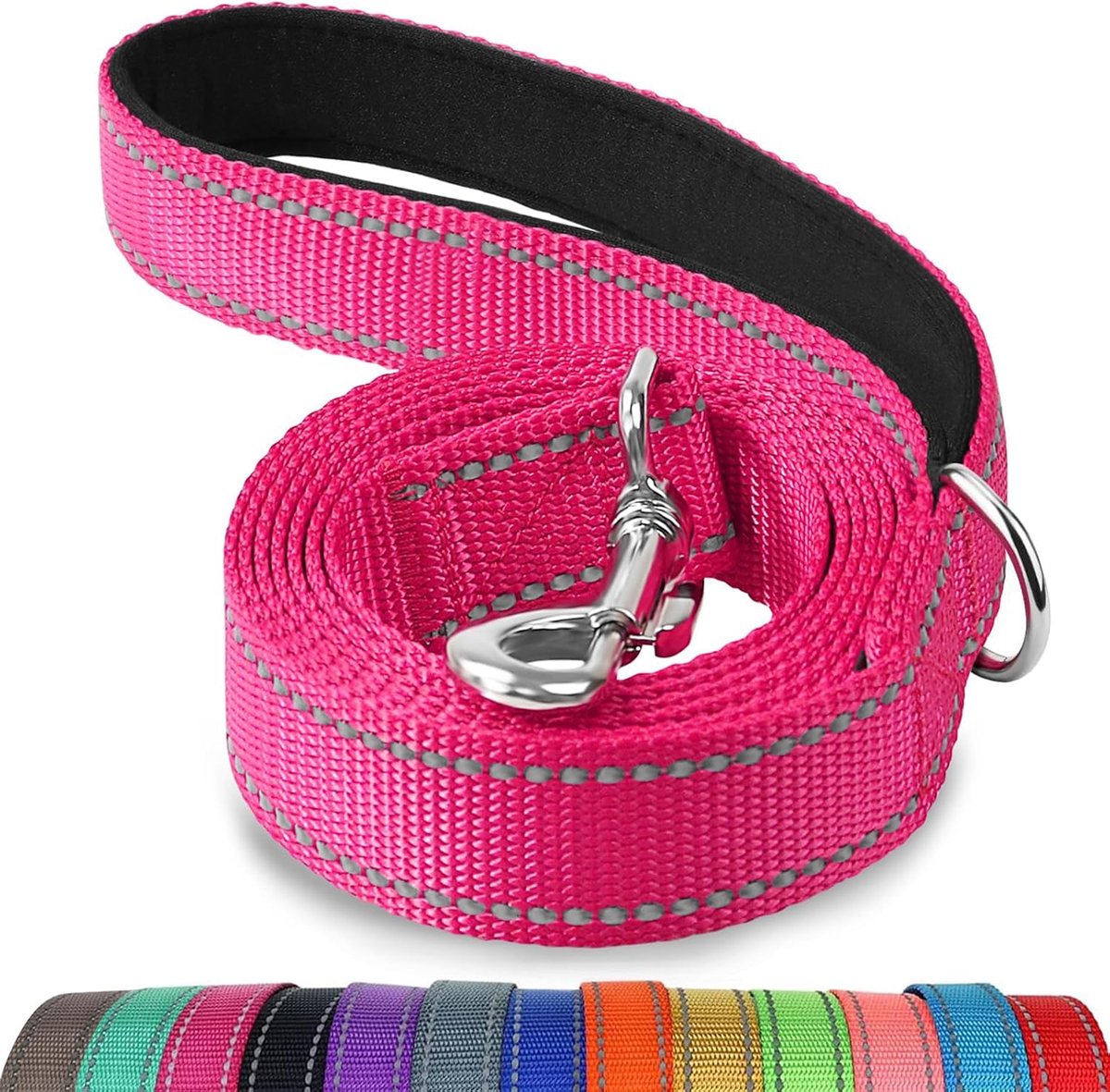 SnelShoppen - Dubbelzijdige Reflecterende Hondenriem 180cm - Padded Handgreep - Stevige Nylon Leash voor Middelgrote en Grote Honden - Hot Pink