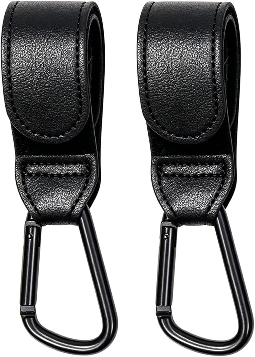 SnelShoppen - 2 Hooks voor Kinderwagen, Verschoontas Hanger, Zwart Faux Leer, Metaal, Ideaal voor Baby's en Elektrische Scooters, Handig voor Dagelijk