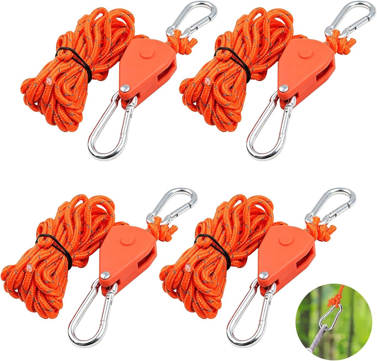 SnelShoppen - 4 Tent Scheerlijnen met Katrol - 4m Verstelbare Ratel Touwen met Spanner - Heavy Duty Nylon Gids Touw Ratel met Snelsluiting - Oranje vo