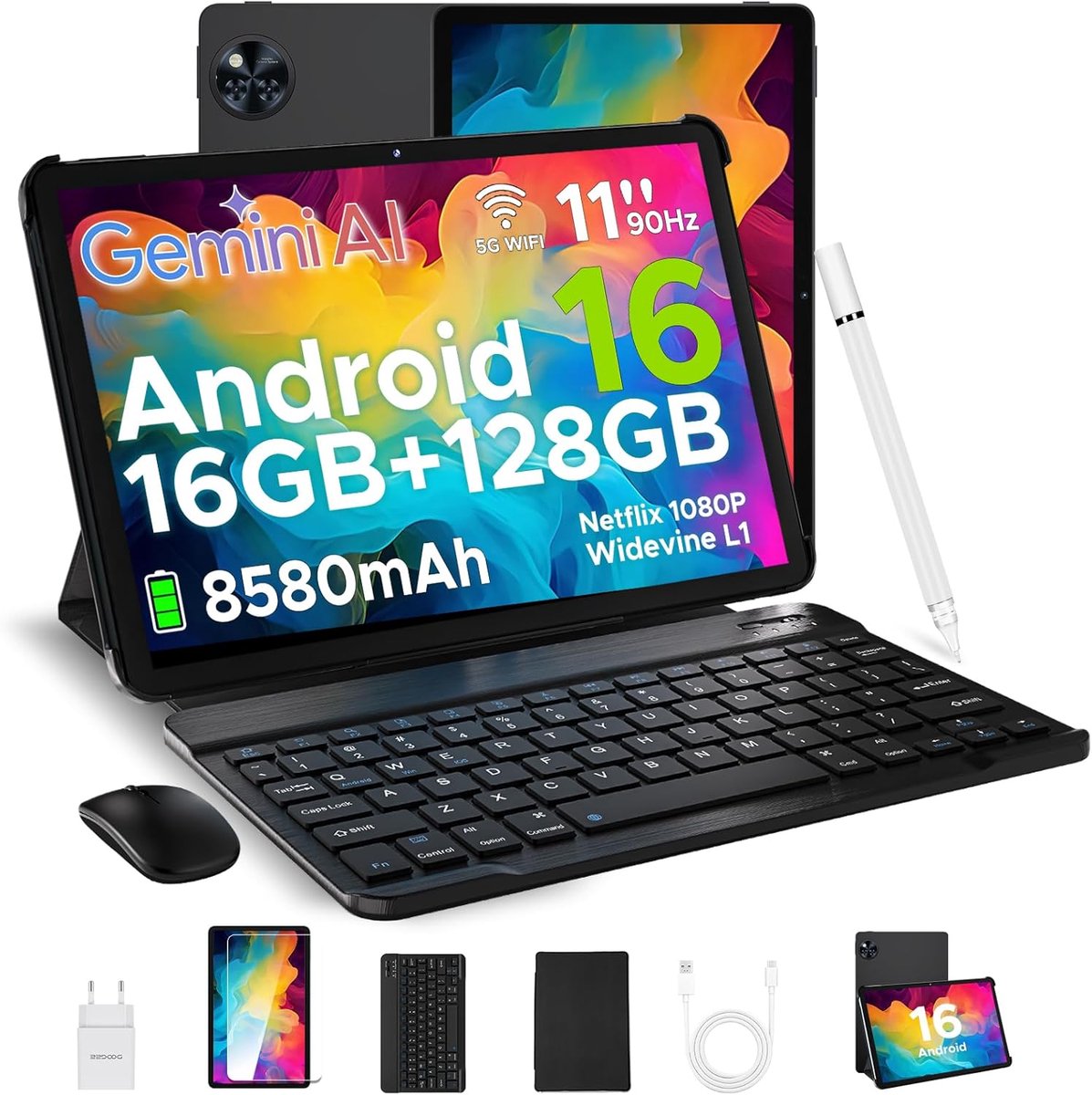 SnelShoppen - U11 VIP Edition Tablet 11" HD - 16GB+128GB Obsidiaanzwart - Android 15 - Octa-Core Unisoc T606 - 8580mAh Batterij - Widevine L1 Streamin