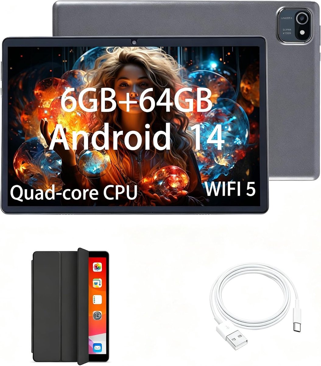 SnelShoppen - Kids Tablet 10 Inch Android 14 - 6GB RAM, 64GB (Uitbreidbaar tot 1TB), 1280x800 HD Touchscreen, 6000mAh Batterij - Ideaal voor Kinderen,