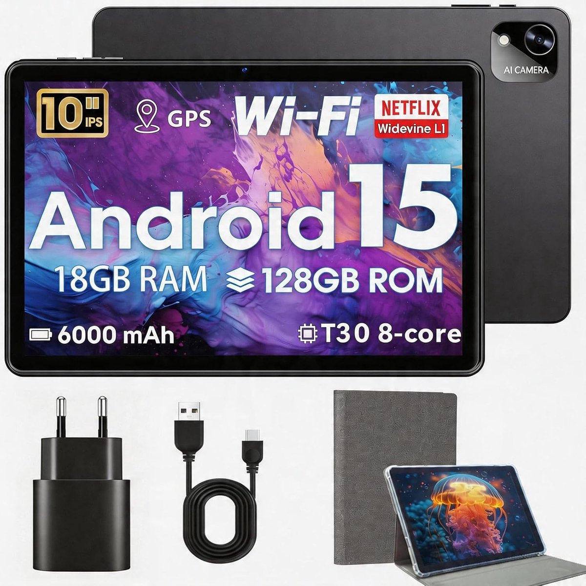 SnelShoppen - 10 Inch Android 15 Tablet met 18GB RAM, 128GB ROM, Octa-Core, WiFi 5, 6000mAh, Dual Camera, Geheugen uitbreidbaar tot 1TB, Perfect voor