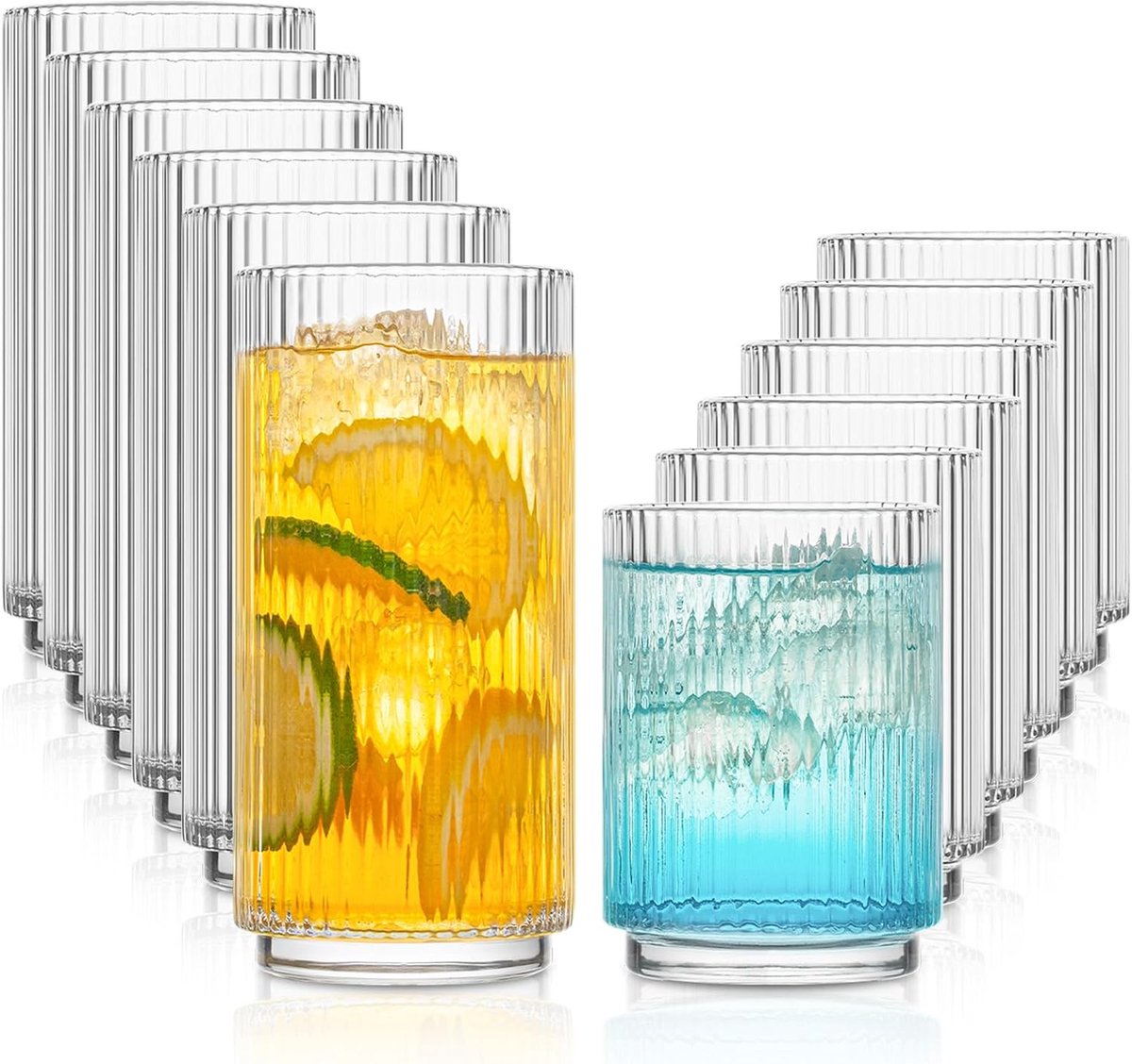 SnelShoppen - Set van 12 Ribbelige Drinkglazen - 6 Stuks 355ml Highball & 6 Stuks 235ml Rocks Glazen - Stapelbare Waterglazen voor Thuis, Feest, Bar,