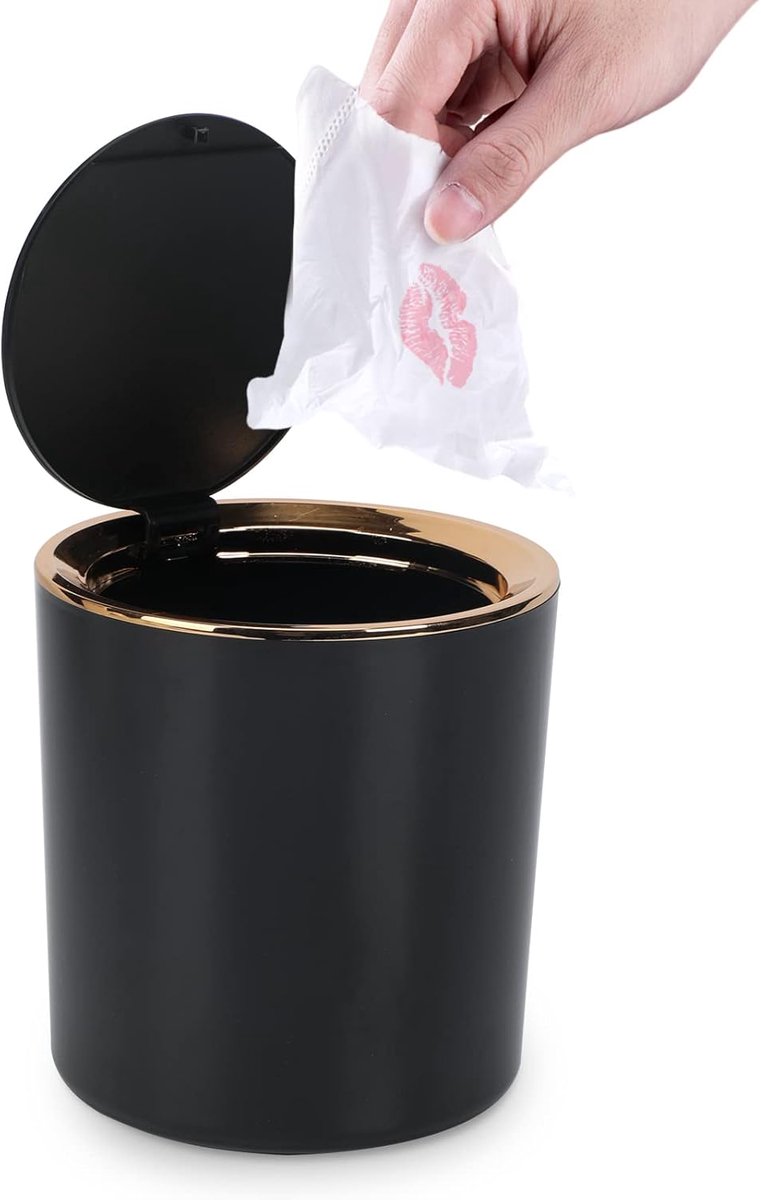 SnelShoppen - Mini Afvalbak met Deksel - Tafelafvalbak - Kleine Prullenbak voor Bureau, Badkamer, Verzorgingstafel, Keuken - Zwart - Duurzaam PET+ABS