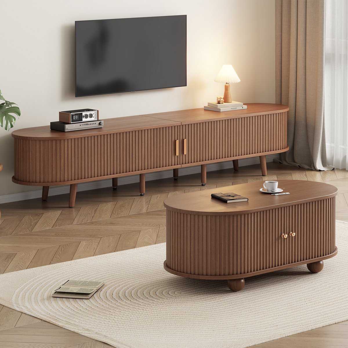 Wishdor - TV-meubel set - 2 lades en open opbergruimte - modern minimalistisch - woonkamer - houtlook met houten poten - walnootkleur - 170 x 40 x 42 cm