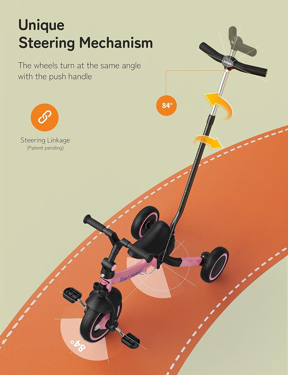 SnelShoppen - 7-in-1 Peuter Trike met Verstelbare Duwhandle, Inklapbare Wielen, Fiets voor Kinderen 1-5 Jaar, Roze, Ideaal voor Buiten en Binnen