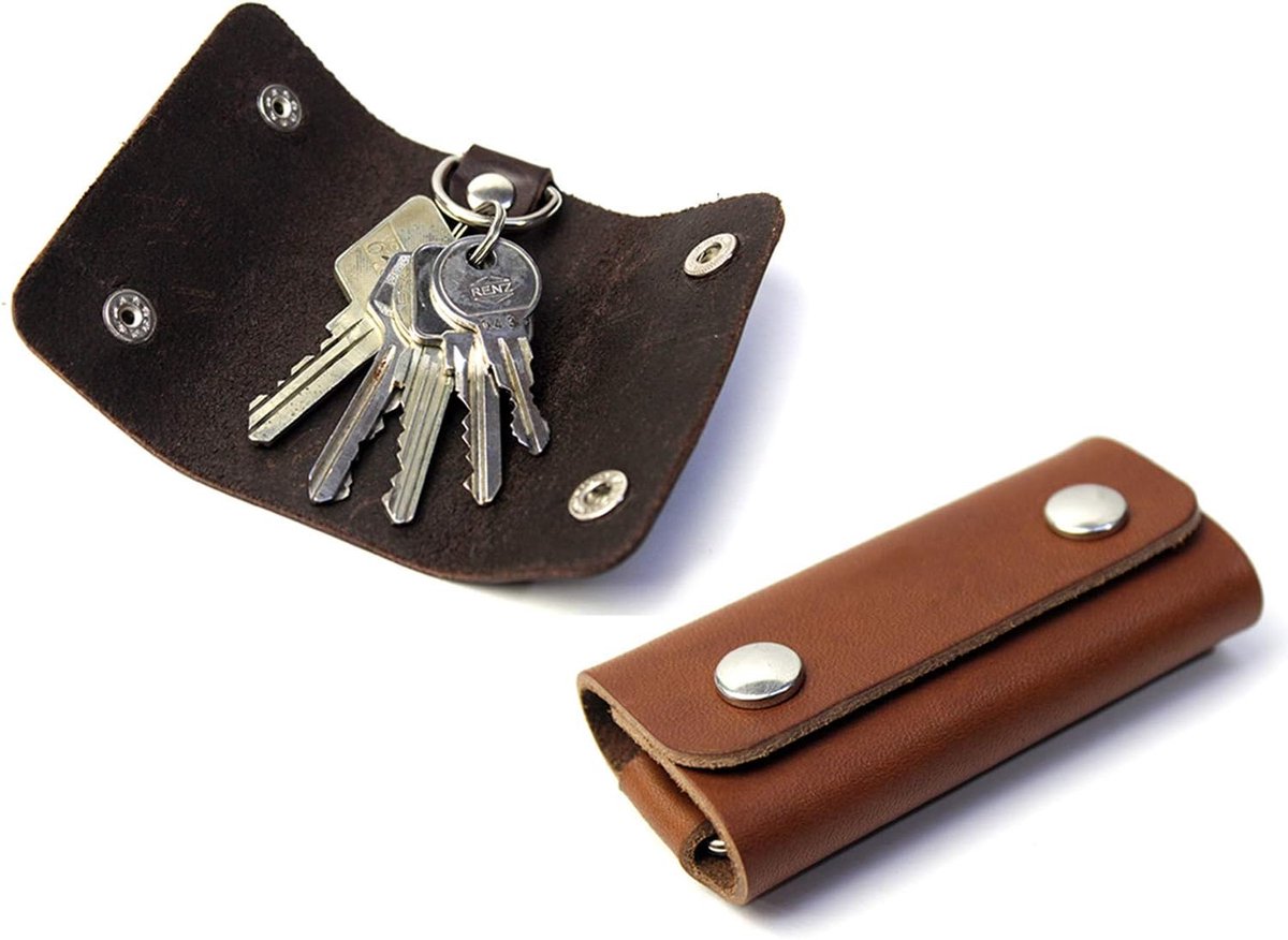 SnelShoppen - Sleutelhanger Sleutelhouder Leer Handgemaakt Duitsland Donkerbruin S - Elegant, Duurzaam, Ideaal voor Thuis en Reizen