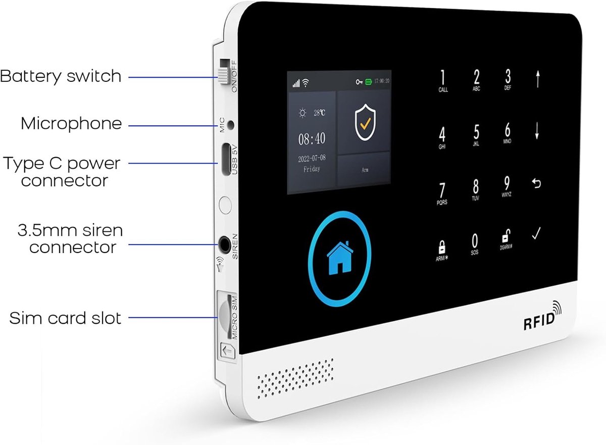 SnelShoppen - 4G Draadloos Wi-Fi Alarm Systeem met App Notificatie, 8 Delige Set (Bewegingssensor, Raam/Deursensoren, Afstandsbedieningen, Alarm Siren
