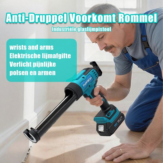 Man met blauw en zwart MAWIRON elektrisch kitpistool, nadruk op ergonomische grip.