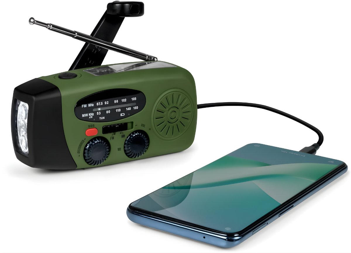 KIRA® Noodradio Solar Opwindbaar - 20000mAh - Noodradio - Draagbare Noodradio - Groen - 13cm x 7cm x 5cm