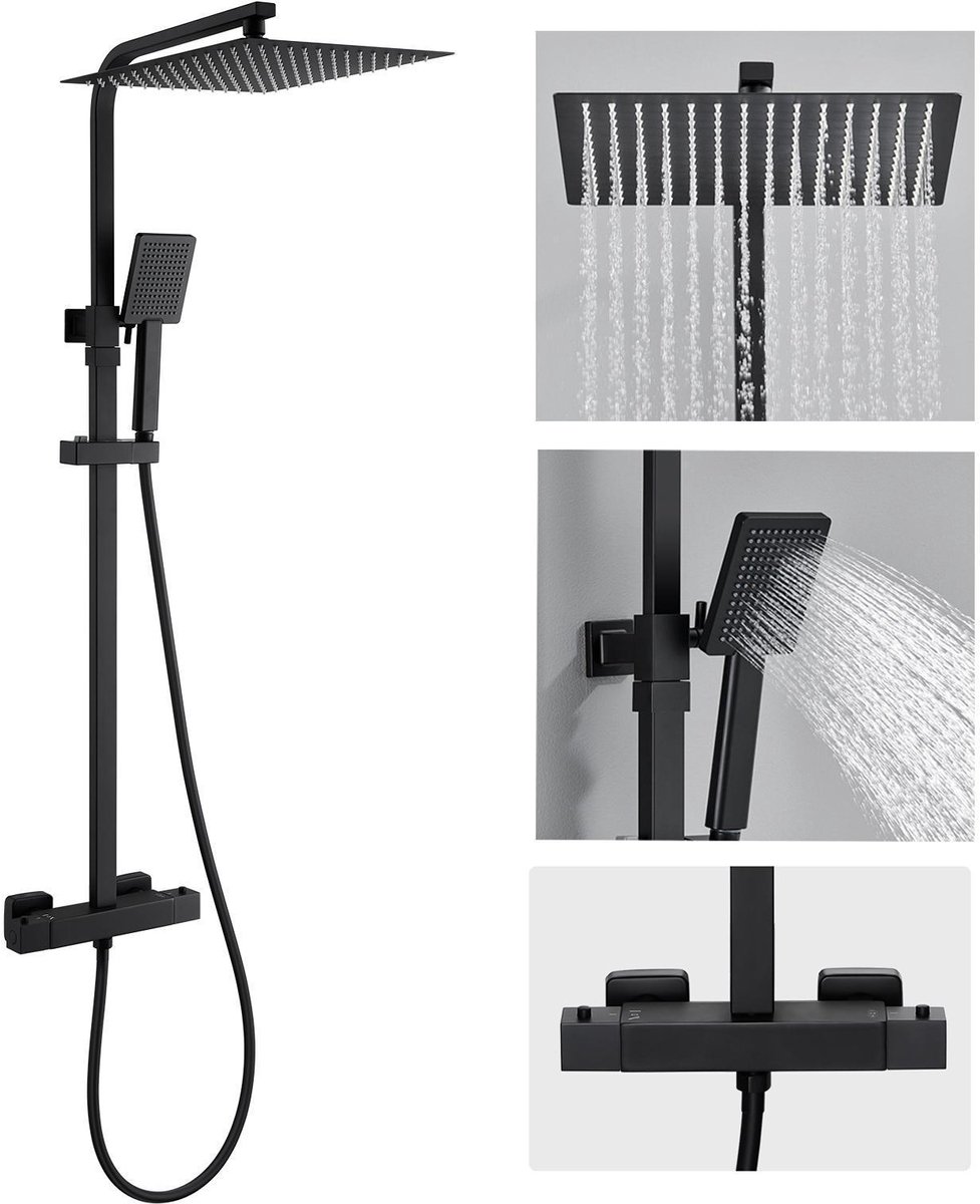 AuraLum max Regendouche met Thermostaatkraan - Zwart Doucheset - XXL Ã˜ 30 cm Douchekop - Thermostatische Douchekolom - Messing Mengkraan - Regendoucheset - Waterbesparend - Zwart