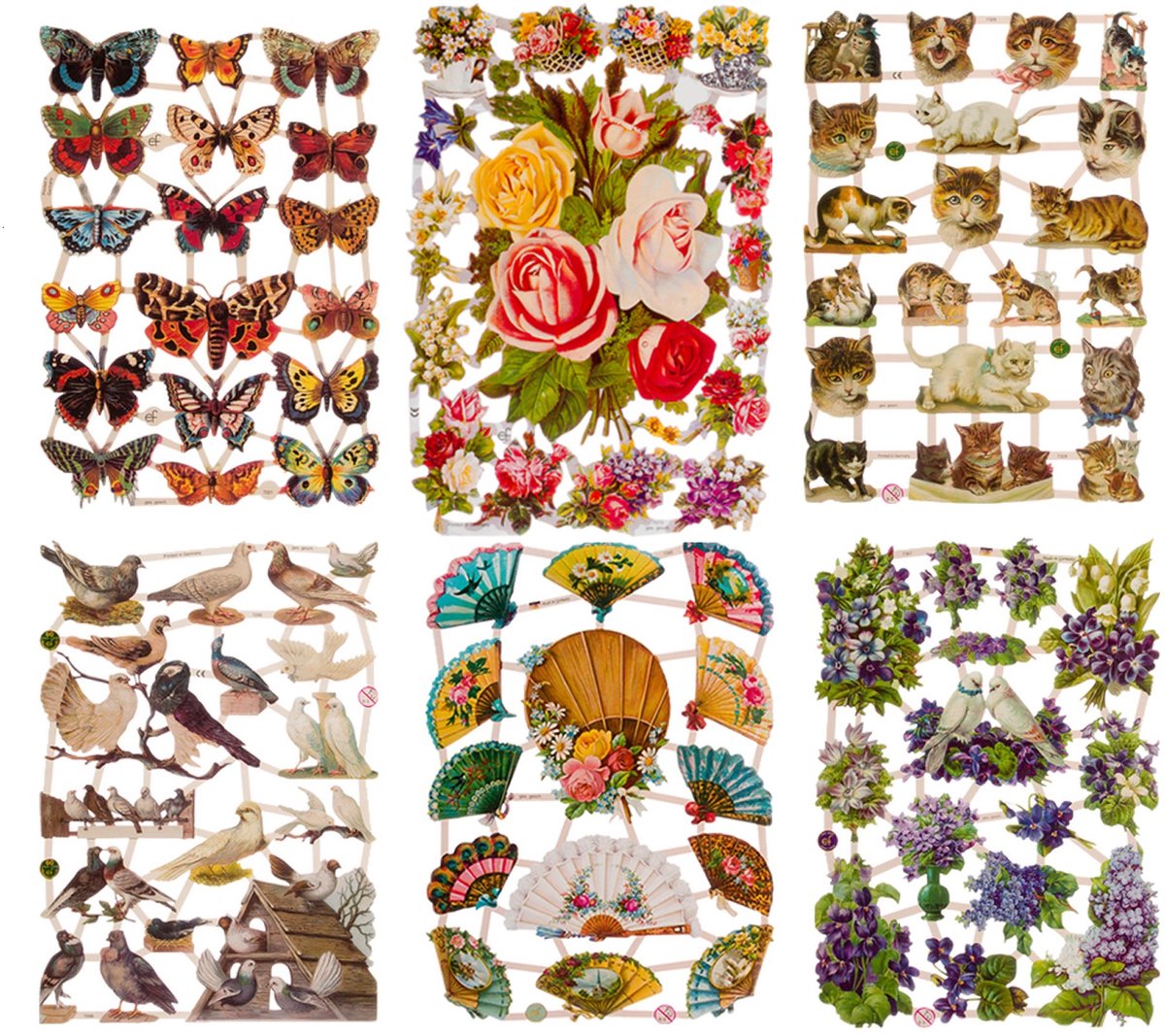 Poëzieplaatjes - 6 vellen - plaatjes - hobby - creatief - decoupage - knutselen - scrapboek met vlinders - boerderijdieren -katten - duiven - waaiers - bloemen