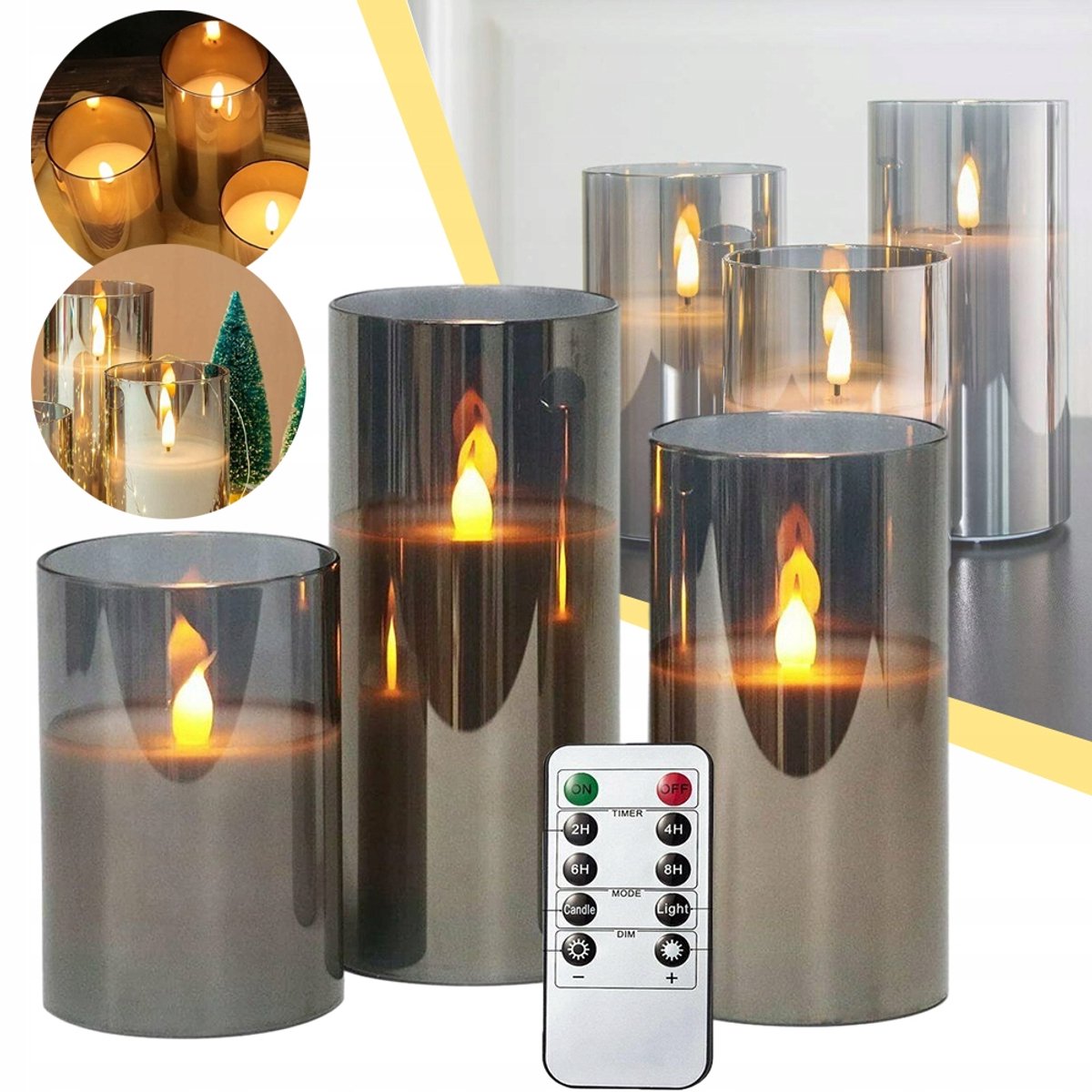 Set Van 3 LED-Kaarsen Met Afstandsbediening - Gemaakt Van Echt Wax Met Grijs Glas Instelbare Helderheid En Flikkermodus - Rookvrij En Veilig Voor Gezinnen