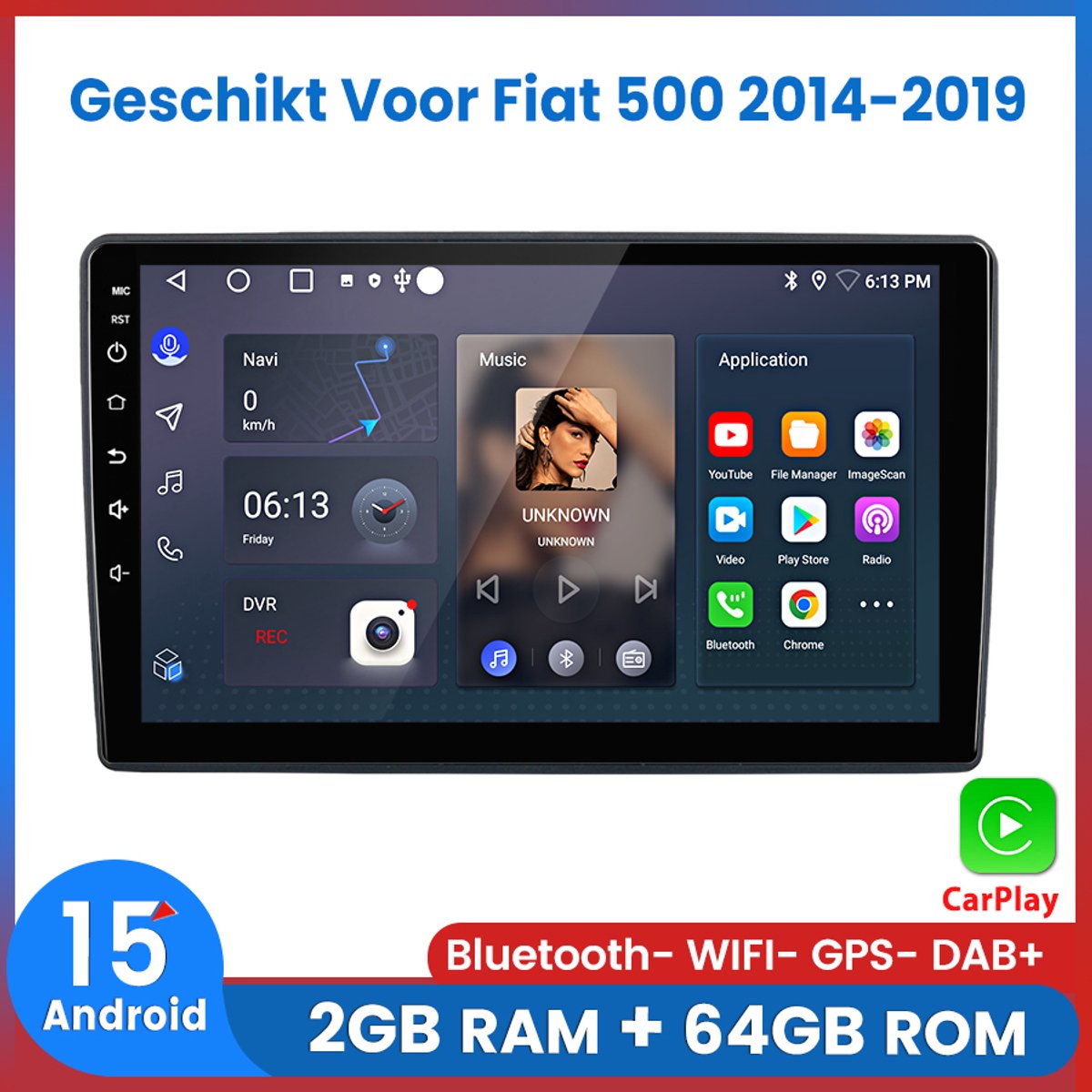 Awesafe Autoradio Geschikt Voor Fiat 500 2014 t/m 2019 - Android 15.0 Systeem - Draadloos Apple Carplay & Android Auto - 2GB + 64GB - 4 Core processor - Bluetooth & Wifi GPS Navigatie - 2014 2015 2016 2017 2018 2019