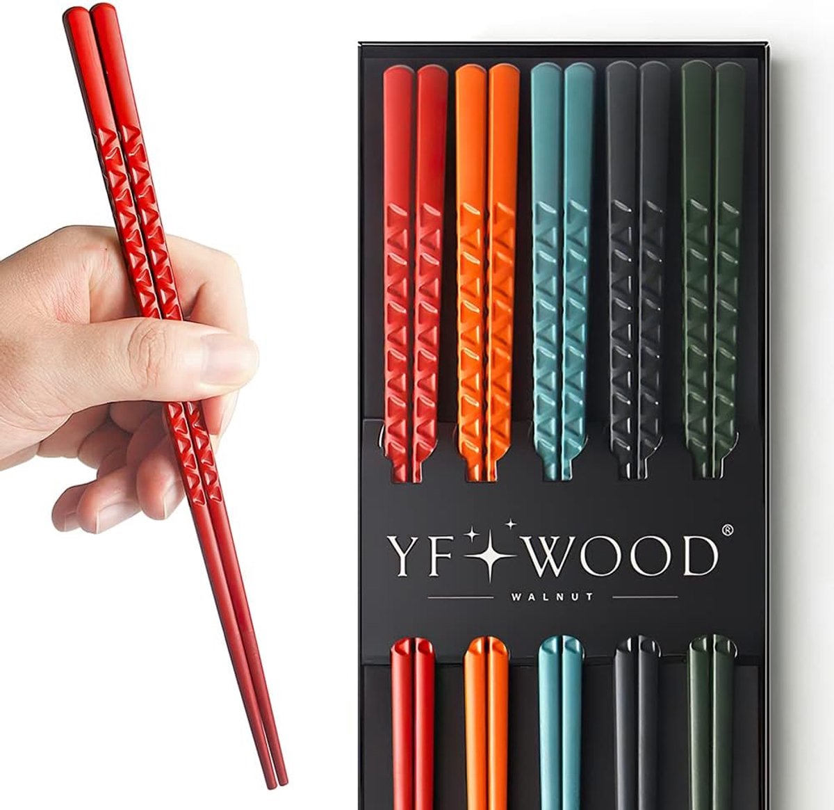 SnelShoppen - 5 Pairs Fiberglass Chopsticks - Premium Herbruikbare Set met Patroon, Vaatwasserbestendig, 5 Kleuren voor Sushi en Aziatische Gerechten