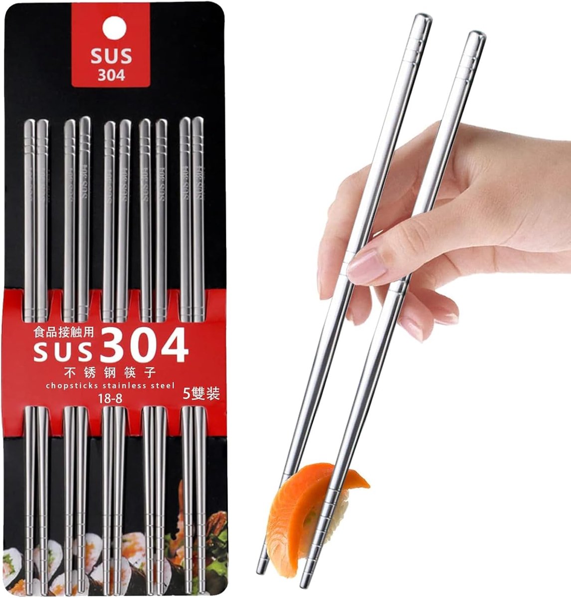 SnelShoppen - 5 Paar RVS Chopsticks, Herbruikbare Metalen Chopsticks, Antislip, Vaatwasserbestendig, Japanse Chopsticks Set, Persoonlijk Cadeau (Zilve
