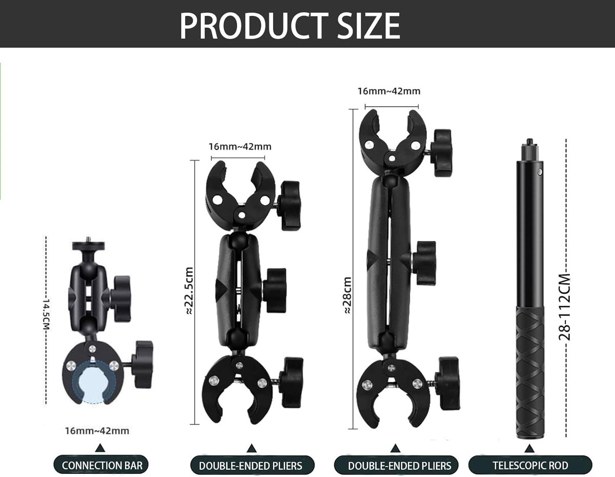 SnelShoppen - Video Camera Houder Motor Kit voor 360 Graden Rotatie, Dual Clamp Motorsteun, Multi-Device Compatibel, Geschikt voor Rondes tot 42mm
