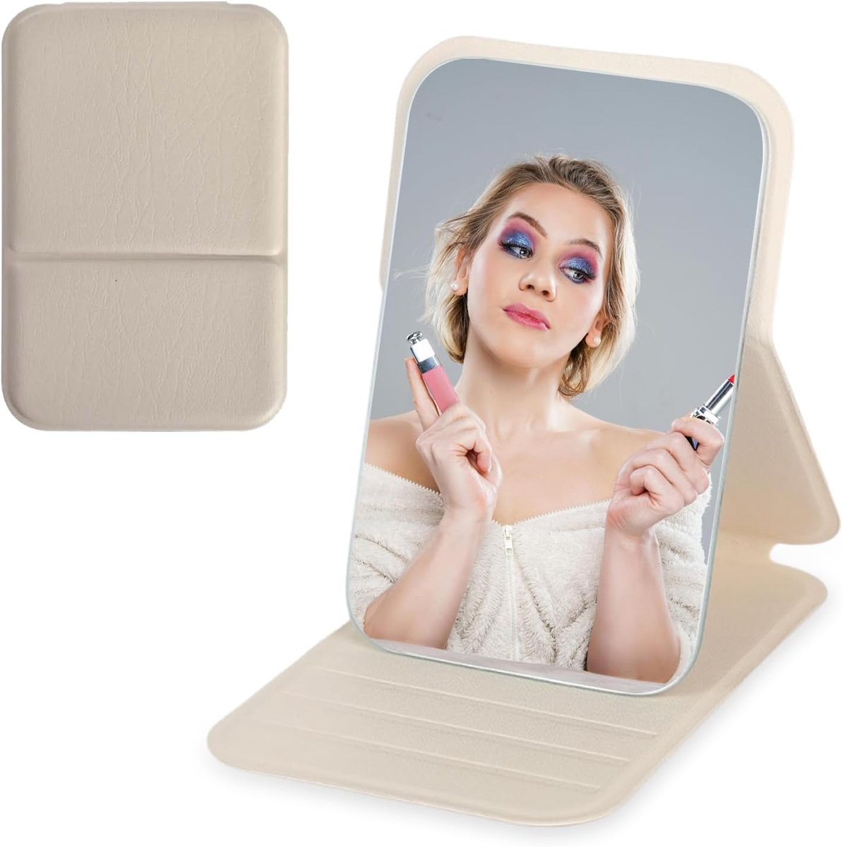 SnelShoppen - Draagbare Vouwbare PU Leren Pocket Spiegel 11x7 cm, Ultra Dun en Lichtgewicht, Perfect voor Make-up en Dagelijks Gebruik, Beige