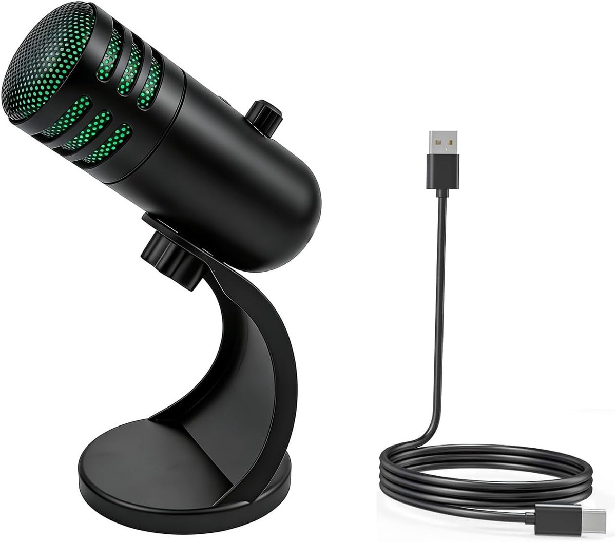 SnelShoppen - USB-microfoon condensatormicrofoon met standaard, RGB-verlichting, mute-knop en volumeregeling voor pc, gaming, podcast, zang en streami