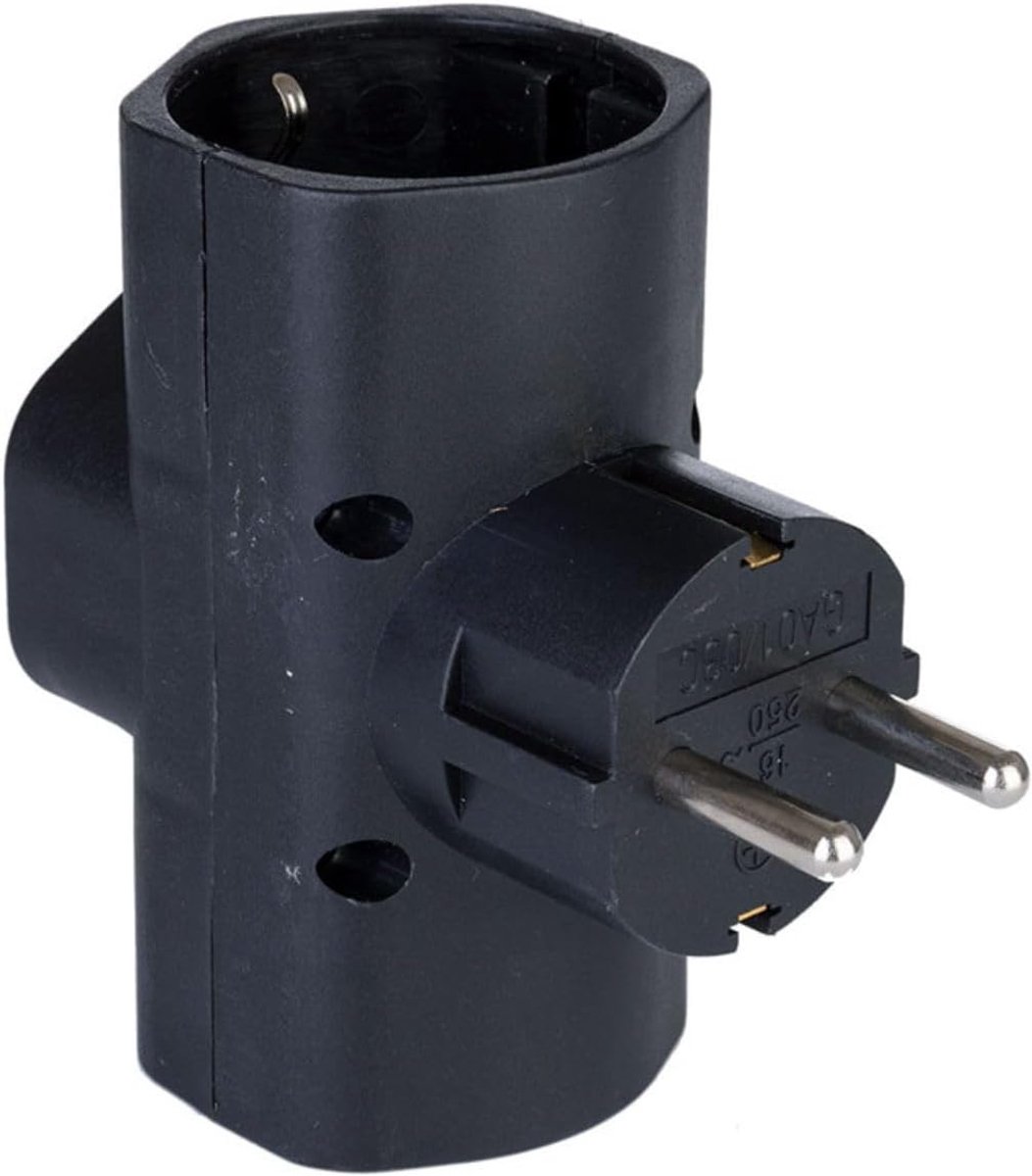 SnelShoppen - Schuko 16A Triple Adapter - Duurzaam Kunststof - Veilig voor Hoge Vermogens - Zwart - Ideaal voor Thuis, Camping en Feestjes