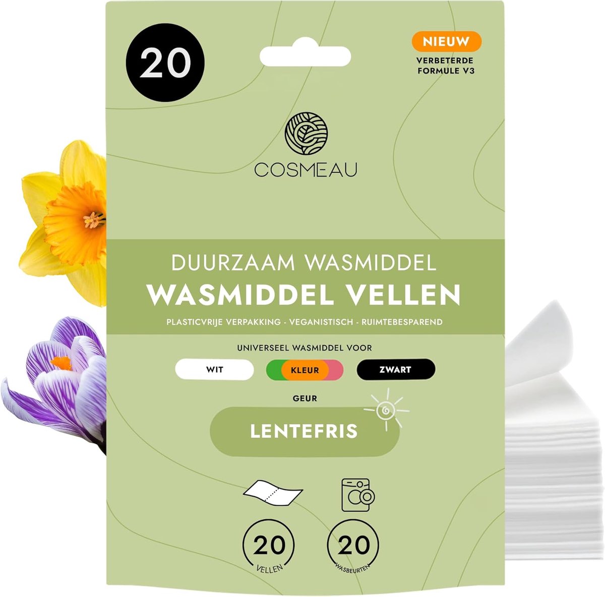 SnelShoppen - Cosmeau Wasstrips Spring Fresh - 20 Biologisch Afbreekbare Strips - Duurzaam Wasmiddel voor Witte, Kleur en Zwarte Was - Ideaal voor Thu
